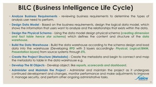 BILC (Business Intelligence Life Cycle)
◦ Analyze Business Requirements - reviewing business requirements to determine the types of
analysis user need to perform.
◦ Design Data Model - Based on the business requirements, design the logical data model, which
shows the information that users want to analyze and the relationships that exists within the data.
◦ Design the Physical Schema - Using the data model design physical schema (creating dimension
and fact table hence star schema) which defines the content and structure of the data
warehouse.
◦ Build the Data Warehouse - Build the data warehouse according to the schema design and load
data into the warehouse (Developing RPD with 3 layers accordingly- Physical, Logical/BMM,
Presentation layers) from source systems through ETL.
◦ Create the Project Structure (Metadata) - Create the metadata and begin to connect and map
the metadata to table in the data warehouse e.g.
◦ Develop The BI Objects - Develop object, like reports, scorecards and dashboard.
◦ Administer and Maintain the Project - Administer and maintain the project as it undergoes
continued development and changes, monitor performance and make adjustments to improve
it, manage security, and perform other ongoing administrative tasks.
12
 