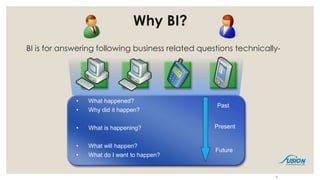 Why BI?
BI is for answering following business related questions technically-
6
• What happened?
• Why did it happen?
• What is happening?
• What will happen?
• What do I want to happen?
Past
Present
Future
 