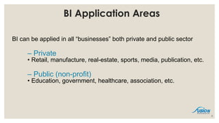BI Application Areas
BI can be applied in all “businesses” both private and public sector
– Private
• Retail, manufacture, real-estate, sports, media, publication, etc.
– Public (non-profit)
• Education, government, healthcare, association, etc.
8
 