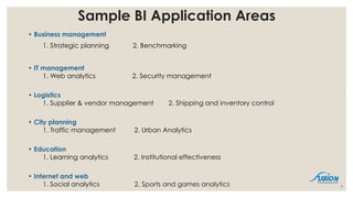 Sample BI Application Areas
• Business management
1. Strategic planning 2. Benchmarking
• IT management
1. Web analytics 2. Security management
• Logistics
1. Supplier & vendor management 2. Shipping and inventory control
• City planning
1. Traffic management 2. Urban Analytics
• Education
1. Learning analytics 2. Institutional effectiveness
• Internet and web
1. Social analytics 2. Sports and games analytics 9
 