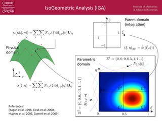 Ins$tute	
  of	
  Mechanics	
  
&	
  Advanced	
  Materials	
  IsoGeometric	
  Analysis	
  (IGA)	
  
−0.5 0 0.5 1
−0.5
0
0.5
1
1.5
00.511.5
0 0.1 0.2 0.3 0.4 0.5 0.6 0.7 0.8 0.9 1
0
0.1
0.2
ariate cubic B-spline basis function with knots vectors Ξ = H = {0, 0, 0, 0, 0.25, 0.5, 0.75, 1, 1, 1, 1}.
ξ
η
x
y
z
(ξ, η)
0, 0, 0
0,0,0
1, 1, 1
1,1,1
0.5
0.5
uadratic B-spline surface (left) and the corresponding parameter space (right). Knot vectors are
0.5, 1, 1, 1}. The 4 × 4 control points are denoted by red ﬁlled circles.
12
⌅1
= {0, 0, 0, 0.5, 1, 1, 1}
⌅2
={0,0,0,0.5,1,1,1}
N2,3(⇠)
u(x(⇠, ⌘)) =
X
i
X
j
Ni,p(⇠)Mj,p(⌫)Uij
1
1
1
1 ¯⇠
ˆ⌦1 ˆ⌦2
ˆ⌦3 ˆ⌦4
¯⌘
⌘
⇠
0 0.5 1
1
0.5
Parametric	
  
domain	
  
Physical	
  
domain	
  
Parent	
  domain	
  
(integra$on)	
  
x(⇠, ⌘) =
nX
i
mX
j
Ni,p(⇠)Mj,p(⌘) Bij M2,2(⌘)
(⇠, ⌘)|ˆ⌦i = ˜((¯⇠, ¯⌘))
References:	
  
[Kagan	
  et	
  al.	
  1998,	
  Cirak	
  et	
  al.	
  2000,	
  	
  
Hughes	
  et	
  al.	
  2005,	
  Cofrell	
  et	
  al.	
  2009]	
  
 