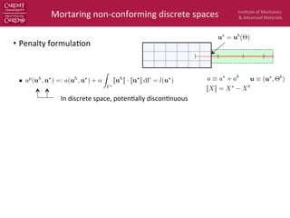 Ins$tute	
  of	
  Mechanics	
  
&	
  Advanced	
  Materials	
  
•  Penalty	
  formula$on	
  
§  	
  	
  
Mortaring	
  non-­‐conforming	
  discrete	
  spaces	
  
JXK = Xs
Xb
us
= ub
(⇥)
In	
  discrete	
  space,	
  poten$ally	
  discon$nuous	
  
a ⌘ as
+ ab
u ⌘ (us
, ⇥b
)ap
(uh
, u?
) =: a(uh
, u?
) + ↵
Z
?
Juh
K · Ju?
K d = l(u?
)
 