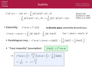 Ins$tute	
  of	
  Mechanics	
  
&	
  Advanced	
  Materials	
  
•  Coercivity:	
  
§  Parallelogram	
  ineq.	
  :	
  
§  ``Trace	
  inequality”	
  (assump$on)	
  
→  	
  	
  
Stability	
  
an
(uh
, u?
) = a(uh
, u?
)
Z
?
Ju?
K
⌦
(uh
) · ns
↵
d
Z
?
Juh
K h (u?
) · ns
i d + ↵
Z
?
Juh
K · Ju?
K d = l(u?
)
˜t(u) := (us
) + (ub
) · ns
k˜t(u)k2
?  C2
a(u, u)
an
(u, u)
✓
1
C2
✏
2
◆
a(u, u) +
✓
↵
1
2✏
◆
kJuKk2
?
in	
  discrete	
  space,	
  poten$ally	
  discon$nuous	
  
✏ =
1
C2
) ↵ >
C2
2
Related work:
[Griebel et al. 2002,
Dolbow et al. 2009]
an
(u, u) a(u, u) + ↵kJuKk2
?
✓
1
2✏
kJuKk2
? +
✏
2
k˜t(u)k2
?
◆
an
(u, u) = a(u, u) + ↵
Z
?
JuK · JuK d
Z
?
JuK · ˜t(u) d
an
(u, u) Cc
kuk2
X
 