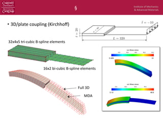 Ins$tute	
  of	
  Mechanics	
  
&	
  Advanced	
  Materials	
  
27: Cantilever beam subjects to an end shear force: typical B-spline discretisation.
r beam subjects to an end shear force: comparison of deformed shapes of the continuum model
•  3D/plate	
  coupling	
  (Kirchhoﬀ)	
  
§	
  Figure 25: A plane frame analysis: comparison of xy contour plot obtained with solid mode
model (right).
Figure 26: Cantilever beam subjects to an end shear force: problem setup
32
27: Cantilever beam subjects to an end shear force: typical B-spline discretisation.
10.0 20.0 30.0 40.0 50.0
von Mises stress
0.429 51
(a) reference model
10.0 20.0 30.0 40.0
von Mises stress
5.17 48.6
(b) mixed dimensional model, Mindlin plate
10.0 20.0
von Mis
5.12
(c) mixed dimensional
10.0 20.0 30.0 40.0 50.0
von Mises stress
0.429 51
(a) reference model
10.0 20.0 30.0 40.0
von Mises stress
5.17 48.6
(b) mixed dimensional model, Mindlin plate
10.0 20.0 30.0 40.0
von Mises stress
5.12 48.6
(c) mixed dimensional model, Kirchho↵ plate
32x4x5	
  tri-­‐cubic	
  B-­‐spline	
  elements	
  
16x2	
  bi-­‐cubic	
  B-­‐spline	
  elements	
  
Full	
  3D	
  
MDA	
  
 