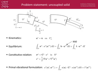 Ins$tute	
  of	
  Mechanics	
  
&	
  Advanced	
  Materials	
  
	
  	
  
§  Kinema$cs:	
  
§  Equilibrium:	
  
§  Cons$tu$ve	
  rela$on:	
  
§  Primal	
  vibra$onal	
  formula$on:	
  
	
  
	
  
	
  
	
  
	
  
	
  
	
  
	
  
	
  
Problem	
  statement:	
  uncoupled	
  solid	
  
Figure 2: Coupling of a two dimensional solid and a beam.
as
(us
, us?
) :=
Z
⌦s
✏(u) : Cs
: ✏(us?
) d⌦ = ls
(us?
)
KA0	
  
Z
⌦s
s
: ✏s
(us?
) d⌦ =
Z
⌦s
b · us?
d⌦ +
Z
t
¯t · us?
d
s
= Cs
: ✏s
in ⌦s
✏s
=
1
2
(rus
+ rT
us
)
us
= ¯u on s
u
 