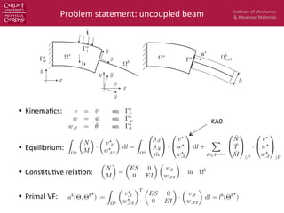 Ins$tute	
  of	
  Mechanics	
  
&	
  Advanced	
  Materials	
  
	
  	
  
§  Kinema$cs:	
  
	
  
	
  
§  Equilibrium:	
  
§  Cons$tu$ve	
  rela$on:	
  
§  Primal	
  VF:	
  
	
  
	
  
	
  
	
  
	
  
	
  
	
  
	
  
	
  
Problem	
  statement:	
  uncoupled	
  beam	
  
Figure 2: Coupling of a two dimensional solid and a beam.
Z
⌦b
✓
N
M
◆
·
✓
v?
,¯x
w?
,¯x¯x
◆
dl =
Z
⌦b
0
@
¯p,¯x
¯p,¯y
¯m
1
A ·
0
@
v?
w?
w?
,¯x
1
A dl +
X
P 2Pntm
0
@
¯N
¯T
¯M
1
A
|P
·
0
@
v?
w?
w?
,¯x
1
A
|P
✓
N
M
◆
=
✓
ES 0
0 EI
◆ ✓
v,¯x
w,¯x¯x
◆
in ⌦b
v = ¯v on b
v
w = ¯w on b
w
w,¯x = ¯✓ on b
✓
ab
(⇥, ⇥b?
) :=
Z
⌦b
✓
v?
,¯x
w?
,¯x¯x
◆T ✓
ES 0
0 EI
◆
·
✓
v,¯x
w,¯x¯x
◆
dl = lb
(⇥b?
)
KA0	
  
 