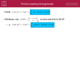 Ins$tute	
  of	
  Mechanics	
  
&	
  Advanced	
  Materials	
  
•  Solid:	
  
•  EB-­‐Beam,	
  use	
  	
  	
  	
  	
  	
  	
  	
  	
  	
  	
  	
  	
  	
  	
  	
  	
  	
  	
  	
  	
  	
  	
  	
  	
  	
  	
  	
  	
  	
  	
  	
  	
  	
  	
  	
  	
  	
  	
  as	
  test	
  and	
  trial	
  in	
  2D	
  VF	
  
	
  
	
  
	
  
	
  
Primal	
  coupling	
  (strong/weak)	
  
as
(us
, us?
) = ls
(us?
) +
Z
?
us?
· ( s
(us
) · ns
) d
ab
(⇥b
, ⇥b?
) = lb
(⇥b?
) +
Z
?
ub
(⇥b?
) · ( b
(⇥b
) · nb
) d
ub
(⇥b
) =
✓
v w,¯x ¯y
w
◆
¯R
 
