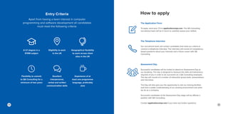 Entry Criteria
Apart from having a keen interest in computer
programming and software development all candidates
must meet the following criteria:
A 2:1 degree in a
STEM subject
Flexibility to commit
to QA Consulting for a
minimum of two years
Eligibility to work
in the UK
Excellent
interpersonal,
verbal and written
communication skills
Geographical flexibility
to work across client
sites in the UK
Experience of at
least one programme
language, preferably
Java
The Application Form
To apply, send your CV to applications@qa.com. The QA Consulting
recruitment team will be in touch to carefully assess your skillset.
The Telephone Interview
Our recruitment team will contact candidates that meet our criteria to
conduct a telephone interview. The interview will consist of competency-
based questions about your interests and a future career with QA
Consulting.
Assessment Day
Successful candidates will be invited to attend an Assessment Day at
our Academy. The day is designed to measure the skills and behaviours
required of you in order to be successful as a QA Consulting employee.
The day will consist of a number of interactive group tasks, presentations
and interviews.
The Day will also give you the opportunity to visit our training facilities
and have a better understanding of our working environment and what
we do as a company.
Successful candidates at the Assessment Day stage will be offered a
position with QA Consulting.
Contact applications@qa.com if you have any further questions.
How to apply
2928
 