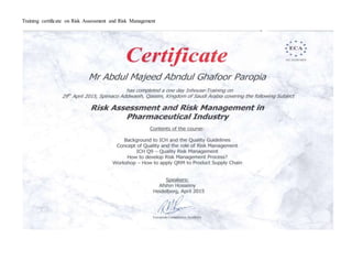 Training certificate on Risk Assessment and Risk Management
 
