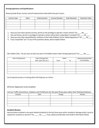 Driving Experience and Qualifications
Please provide Driver Licenses and all endorsements held within the past 3 years.
License Type State Endorsements License Number Date Received Expiration Date
1. Have you ever been denied a license, permit or the privilege to operate a motor vehicle? Yes ____ No ____
2. Has any license, permit or privilege to operate a motor vehicle been suspended or revoked? Yes ____ No ____
3. Have you ever been disqualified for violations of the Federal Motor Carrier Safety Regulations? Yes ____ No ____
4. If you responded “yes” to any of the questions above, please explain below:
CDL Holders Only – Do you have at least one year of verifiable tractor trailer driving experience? Yes ____ No ____
Class of Equipment Type of Equipment
(Van, tank, flat, etc.)
Dates
From To
Approximate Number
of Total Miles
List all special courses or training which will help you as a driver:
All Driver Applicants must complete:
List any Traffic Convictions, Citations and Forfeitures for the past three years other than Parking Violations:
Location Date Charge Penalty
Accident Review
Have you been involved in any work related incident(s) in the last three years which resulted in damage and/or injury to
equipment, property or persons? Yes _____ No _____ If yes, please provide date and incident information below.
 