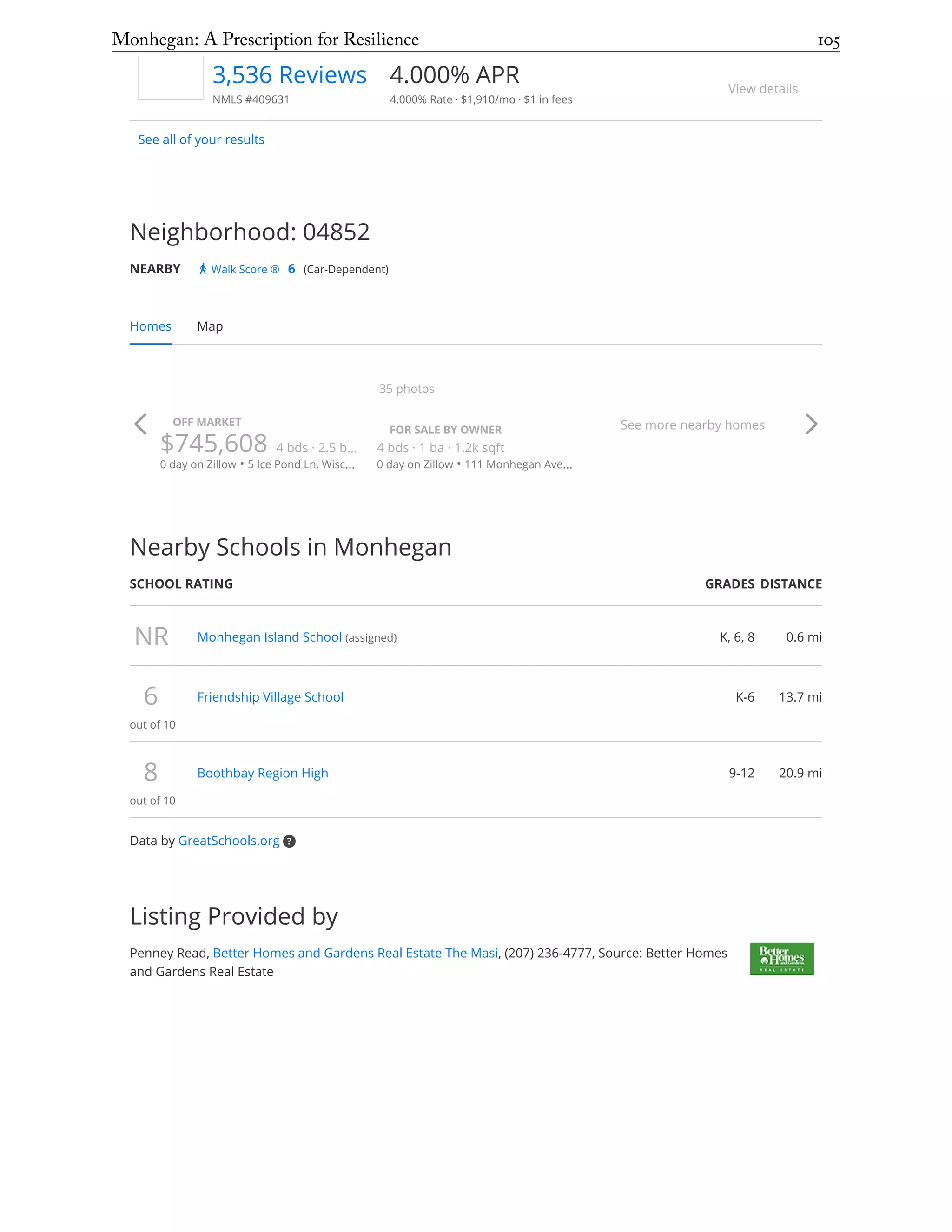 Neighborhood: 04852
NEARBY Walk Score ® 6 (Car-Dependent)
Nearby Schools in Monhegan
SCHOOL RATING  GRADES DISTANCE
NR Monhegan Island School (assigned) K, 6, 8 0.6 mi
6
out of 10
Friendship Village School K-6 13.7 mi
8
out of 10
Boothbay Region High 9-12 20.9 mi
Data by GreatSchools.org
Listing Provided by
Penney Read, Better Homes and Gardens Real Estate The Masi, (207) 236-4777, Source: Better Homes
and Gardens Real Estate
See all of your results
3,536 Reviews
NMLS #409631
4.000% APR
4.000% Rate · $1,910/mo · $1 in fees
View details
Homes Map
OFF MARKET
$745,608 4 bds · 2.5 b…
0 day on Zillow • 5 Ice Pond Ln, Wisc…
FOR SALE BY OWNER
4 bds · 1 ba · 1.2k sqft
0 day on Zillow • 111 Monhegan Ave…
35 photos
See more nearby homes
Monhegan: A Prescription for Resilience	 105
 