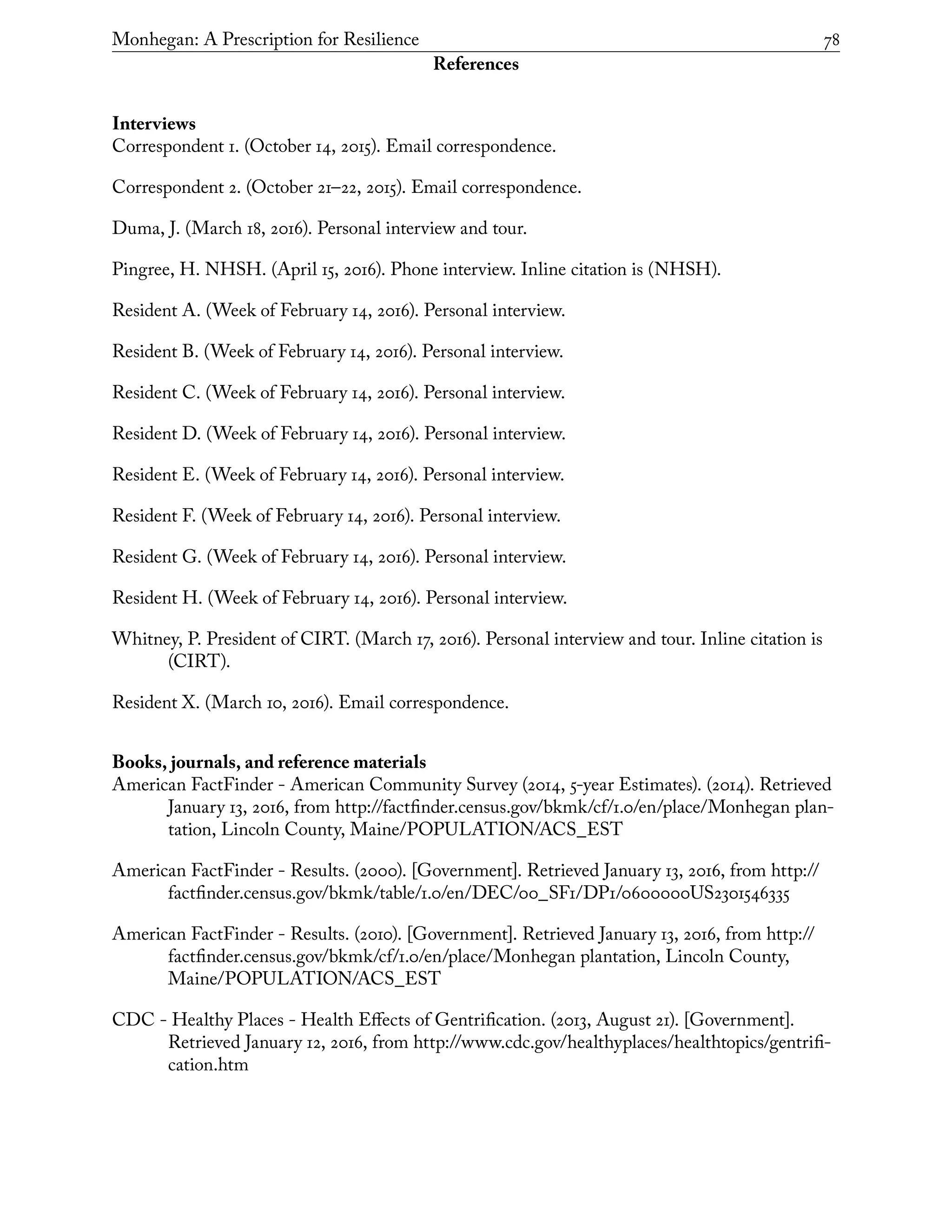 Monhegan: A Prescription for Resilience	 78
References
Interviews
Correspondent 1. (October 14, 2015). Email correspondence.
Correspondent 2. (October 21–22, 2015). Email correspondence.
Duma, J. (March 18, 2016). Personal interview and tour.
Pingree, H. NHSH. (April 15, 2016). Phone interview. Inline citation is (NHSH).
Resident A. (Week of February 14, 2016). Personal interview.
Resident B. (Week of February 14, 2016). Personal interview.
Resident C. (Week of February 14, 2016). Personal interview.
Resident D. (Week of February 14, 2016). Personal interview.
Resident E. (Week of February 14, 2016). Personal interview.
Resident F. (Week of February 14, 2016). Personal interview.
Resident G. (Week of February 14, 2016). Personal interview.
Resident H. (Week of February 14, 2016). Personal interview.
Whitney, P. President of CIRT. (March 17, 2016). Personal interview and tour. Inline citation is
(CIRT).
Resident X. (March 10, 2016). Email correspondence.
Books, journals, and reference materials
American FactFinder - American Community Survey (2014, 5-year Estimates). (2014). Retrieved
January 13, 2016, from http://factfinder.census.gov/bkmk/cf/1.0/en/place/Monhegan plan-
tation, Lincoln County, Maine/POPULATION/ACS_EST
American FactFinder - Results. (2000). [Government]. Retrieved January 13, 2016, from http://
factfinder.census.gov/bkmk/table/1.0/en/DEC/00_SF1/DP1/0600000US2301546335
American FactFinder - Results. (2010). [Government]. Retrieved January 13, 2016, from http://
factfinder.census.gov/bkmk/cf/1.0/en/place/Monhegan plantation, Lincoln County,
Maine/POPULATION/ACS_EST
CDC - Healthy Places - Health Effects of Gentrification. (2013, August 21). [Government].
Retrieved January 12, 2016, from http://www.cdc.gov/healthyplaces/healthtopics/gentrifi-
cation.htm
 