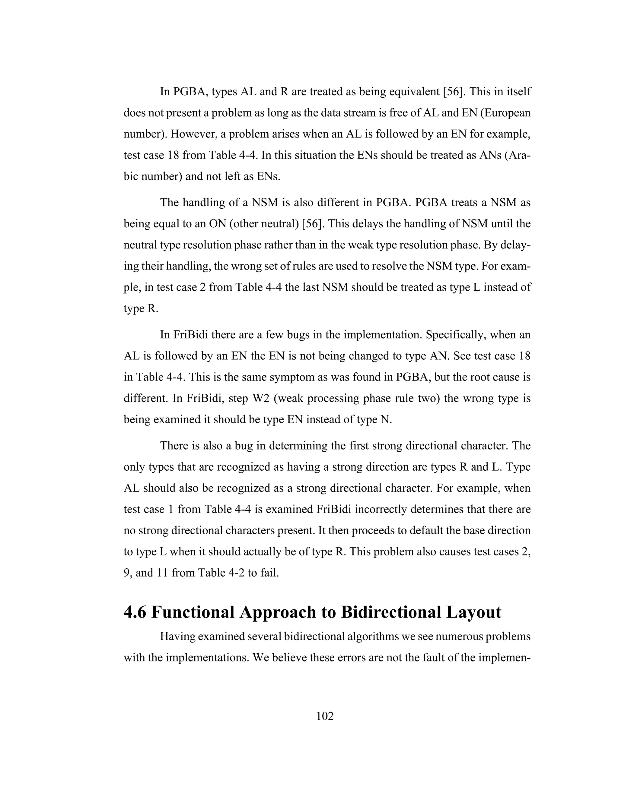 102
In PGBA, types AL and R are treated as being equivalent [56]. This in itself
does not present a problem as long as the data stream is free of AL and EN (European
number). However, a problem arises when an AL is followed by an EN for example,
test case 18 from Table 4-4. In this situation the ENs should be treated as ANs (Ara-
bic number) and not left as ENs.
The handling of a NSM is also different in PGBA. PGBA treats a NSM as
being equal to an ON (other neutral) [56]. This delays the handling of NSM until the
neutral type resolution phase rather than in the weak type resolution phase. By delay-
ing their handling, the wrong set of rules are used to resolve the NSM type. For exam-
ple, in test case 2 from Table 4-4 the last NSM should be treated as type L instead of
type R.
In FriBidi there are a few bugs in the implementation. Specifically, when an
AL is followed by an EN the EN is not being changed to type AN. See test case 18
in Table 4-4. This is the same symptom as was found in PGBA, but the root cause is
different. In FriBidi, step W2 (weak processing phase rule two) the wrong type is
being examined it should be type EN instead of type N.
There is also a bug in determining the first strong directional character. The
only types that are recognized as having a strong direction are types R and L. Type
AL should also be recognized as a strong directional character. For example, when
test case 1 from Table 4-4 is examined FriBidi incorrectly determines that there are
no strong directional characters present. It then proceeds to default the base direction
to type L when it should actually be of type R. This problem also causes test cases 2,
9, and 11 from Table 4-2 to fail.
4.6 Functional Approach to Bidirectional Layout
Having examined several bidirectional algorithms we see numerous problems
with the implementations. We believe these errors are not the fault of the implemen-
 