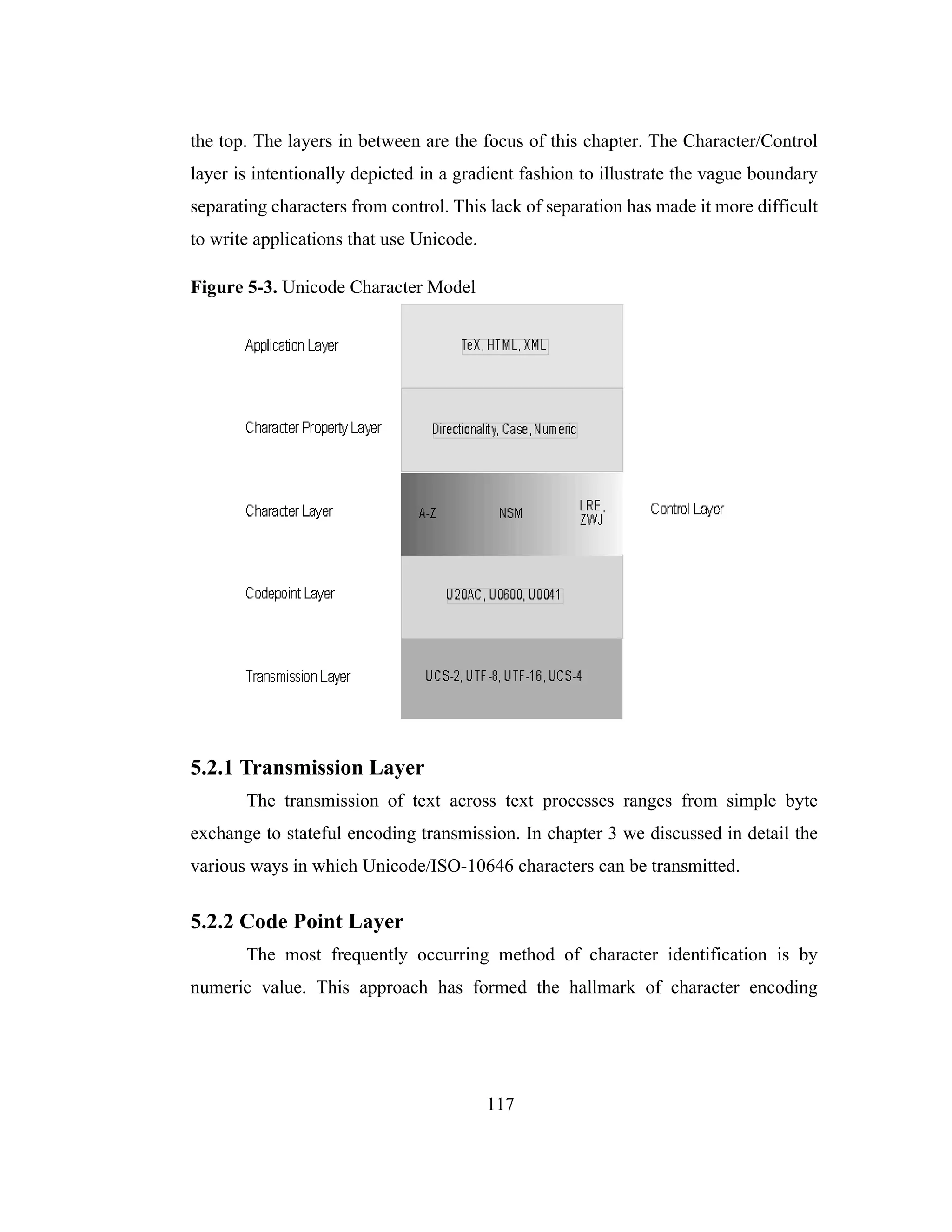 117
the top. The layers in between are the focus of this chapter. The Character/Control
layer is intentionally depicted in a gradient fashion to illustrate the vague boundary
separating characters from control. This lack of separation has made it more difficult
to write applications that use Unicode.
Figure 5-3. Unicode Character Model
5.2.1 Transmission Layer
The transmission of text across text processes ranges from simple byte
exchange to stateful encoding transmission. In chapter 3 we discussed in detail the
various ways in which Unicode/ISO-10646 characters can be transmitted.
5.2.2 Code Point Layer
The most frequently occurring method of character identification is by
numeric value. This approach has formed the hallmark of character encoding
 