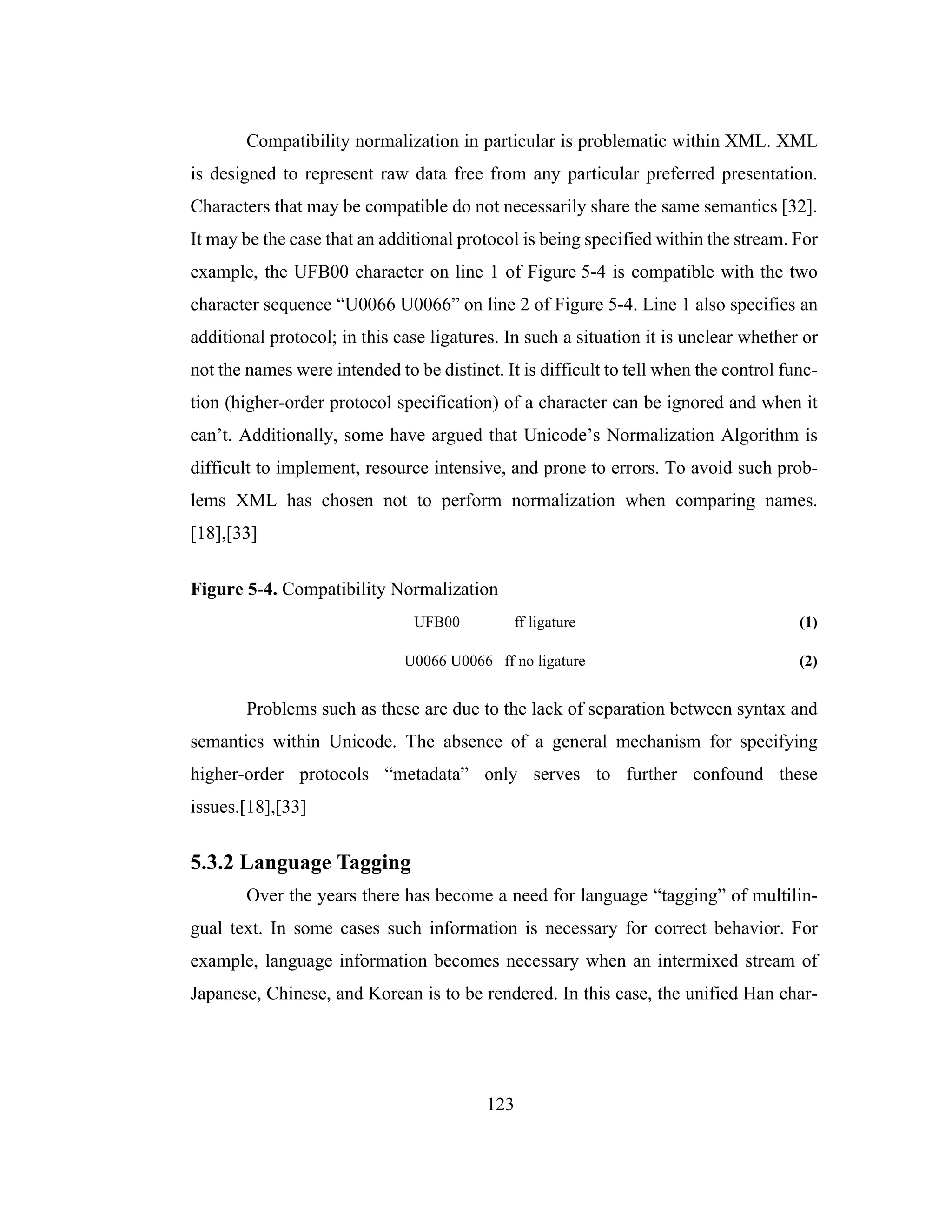 123
Compatibility normalization in particular is problematic within XML. XML
is designed to represent raw data free from any particular preferred presentation.
Characters that may be compatible do not necessarily share the same semantics [32].
It may be the case that an additional protocol is being specified within the stream. For
example, the UFB00 character on line 1 of Figure 5-4 is compatible with the two
character sequence “U0066 U0066” on line 2 of Figure 5-4. Line 1 also specifies an
additional protocol; in this case ligatures. In such a situation it is unclear whether or
not the names were intended to be distinct. It is difficult to tell when the control func-
tion (higher-order protocol specification) of a character can be ignored and when it
can’t. Additionally, some have argued that Unicode’s Normalization Algorithm is
difficult to implement, resource intensive, and prone to errors. To avoid such prob-
lems XML has chosen not to perform normalization when comparing names.
[18],[33]
Figure 5-4. Compatibility Normalization
UFB00 ff ligature (1)
U0066 U0066 ff no ligature (2)
Problems such as these are due to the lack of separation between syntax and
semantics within Unicode. The absence of a general mechanism for specifying
higher-order protocols “metadata” only serves to further confound these
issues.[18],[33]
5.3.2 Language Tagging
Over the years there has become a need for language “tagging” of multilin-
gual text. In some cases such information is necessary for correct behavior. For
example, language information becomes necessary when an intermixed stream of
Japanese, Chinese, and Korean is to be rendered. In this case, the unified Han char-
 