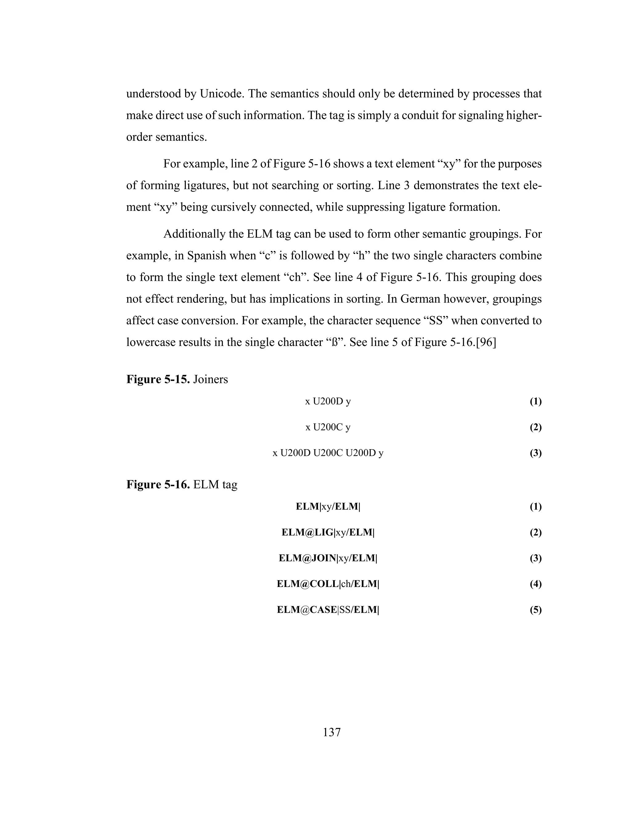 137
understood by Unicode. The semantics should only be determined by processes that
make direct use of such information. The tag is simply a conduit for signaling higher-
order semantics.
For example, line 2 of Figure 5-16 shows a text element “xy” for the purposes
of forming ligatures, but not searching or sorting. Line 3 demonstrates the text ele-
ment “xy” being cursively connected, while suppressing ligature formation.
Additionally the ELM tag can be used to form other semantic groupings. For
example, in Spanish when “c” is followed by “h” the two single characters combine
to form the single text element “ch”. See line 4 of Figure 5-16. This grouping does
not effect rendering, but has implications in sorting. In German however, groupings
affect case conversion. For example, the character sequence “SS” when converted to
lowercase results in the single character “ß”. See line 5 of Figure 5-16.[96]
Figure 5-15. Joiners
x U200D y (1)
x U200C y (2)
x U200D U200C U200D y (3)
Figure 5-16. ELM tag
ELM|xy/ELM| (1)
ELM@LIG|xy/ELM| (2)
ELM@JOIN|xy/ELM| (3)
ELM@COLL|ch/ELM| (4)
ELM@CASE|SS/ELM| (5)
 