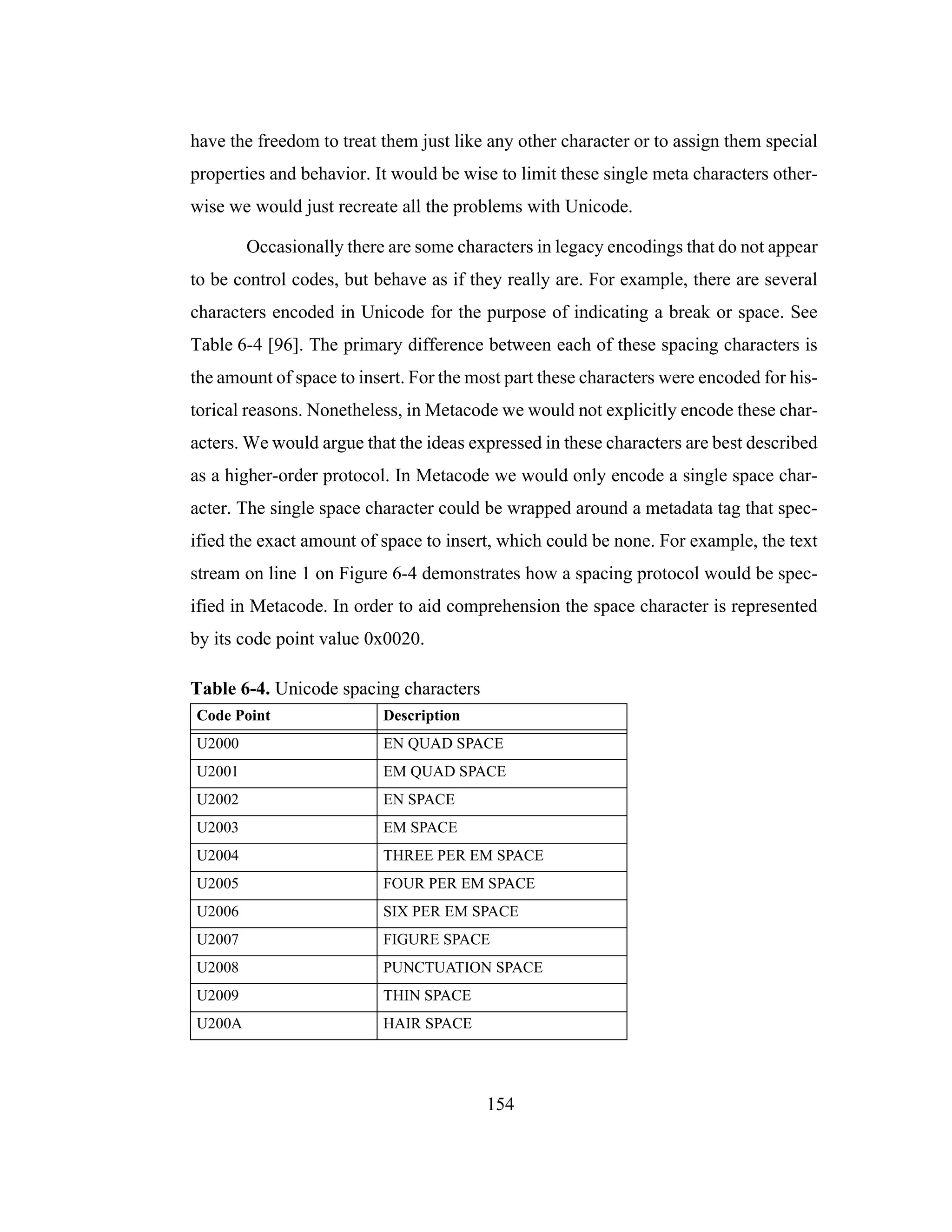 154
have the freedom to treat them just like any other character or to assign them special
properties and behavior. It would be wise to limit these single meta characters other-
wise we would just recreate all the problems with Unicode.
Occasionally there are some characters in legacy encodings that do not appear
to be control codes, but behave as if they really are. For example, there are several
characters encoded in Unicode for the purpose of indicating a break or space. See
Table 6-4 [96]. The primary difference between each of these spacing characters is
the amount of space to insert. For the most part these characters were encoded for his-
torical reasons. Nonetheless, in Metacode we would not explicitly encode these char-
acters. We would argue that the ideas expressed in these characters are best described
as a higher-order protocol. In Metacode we would only encode a single space char-
acter. The single space character could be wrapped around a metadata tag that spec-
ified the exact amount of space to insert, which could be none. For example, the text
stream on line 1 on Figure 6-4 demonstrates how a spacing protocol would be spec-
ified in Metacode. In order to aid comprehension the space character is represented
by its code point value 0x0020.
Table 6-4. Unicode spacing characters
Code Point Description
U2000 EN QUAD SPACE
U2001 EM QUAD SPACE
U2002 EN SPACE
U2003 EM SPACE
U2004 THREE PER EM SPACE
U2005 FOUR PER EM SPACE
U2006 SIX PER EM SPACE
U2007 FIGURE SPACE
U2008 PUNCTUATION SPACE
U2009 THIN SPACE
U200A HAIR SPACE
 