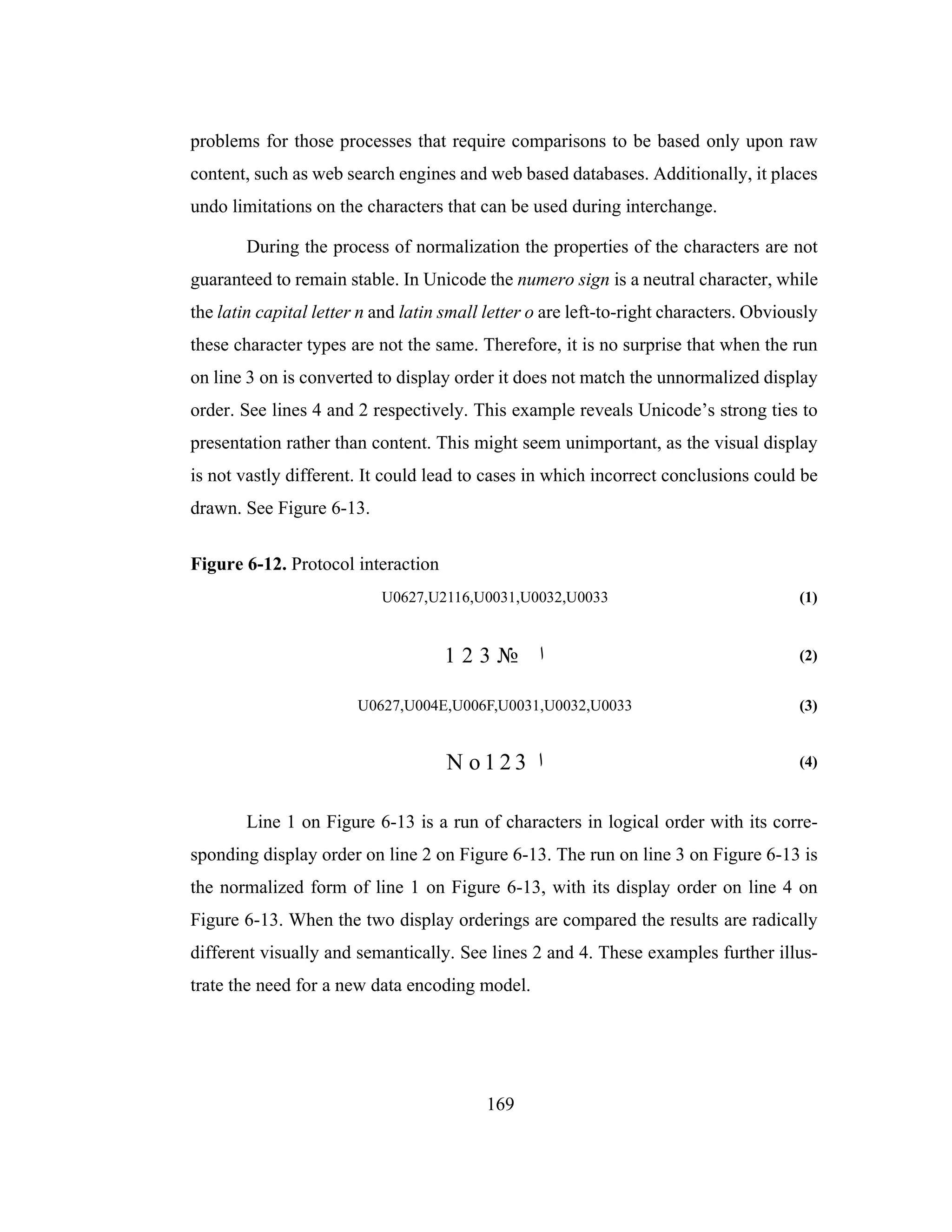 169
problems for those processes that require comparisons to be based only upon raw
content, such as web search engines and web based databases. Additionally, it places
undo limitations on the characters that can be used during interchange.
During the process of normalization the properties of the characters are not
guaranteed to remain stable. In Unicode the numero sign is a neutral character, while
the latin capital letter n and latin small letter o are left-to-right characters. Obviously
these character types are not the same. Therefore, it is no surprise that when the run
on line 3 on is converted to display order it does not match the unnormalized display
order. See lines 4 and 2 respectively. This example reveals Unicode’s strong ties to
presentation rather than content. This might seem unimportant, as the visual display
is not vastly different. It could lead to cases in which incorrect conclusions could be
drawn. See Figure 6-13.
Figure 6-12. Protocol interaction
U0627,U2116,U0031,U0032,U0033 (1)
(2)
U0627,U004E,U006F,U0031,U0032,U0033 (3)
(4)
Line 1 on Figure 6-13 is a run of characters in logical order with its corre-
sponding display order on line 2 on Figure 6-13. The run on line 3 on Figure 6-13 is
the normalized form of line 1 on Figure 6-13, with its display order on line 4 on
Figure 6-13. When the two display orderings are compared the results are radically
different visually and semantically. See lines 2 and 4. These examples further illus-
trate the need for a new data encoding model.
1 2 3 № ‫ا‬
N o 1 2 3 ‫ا‬
 