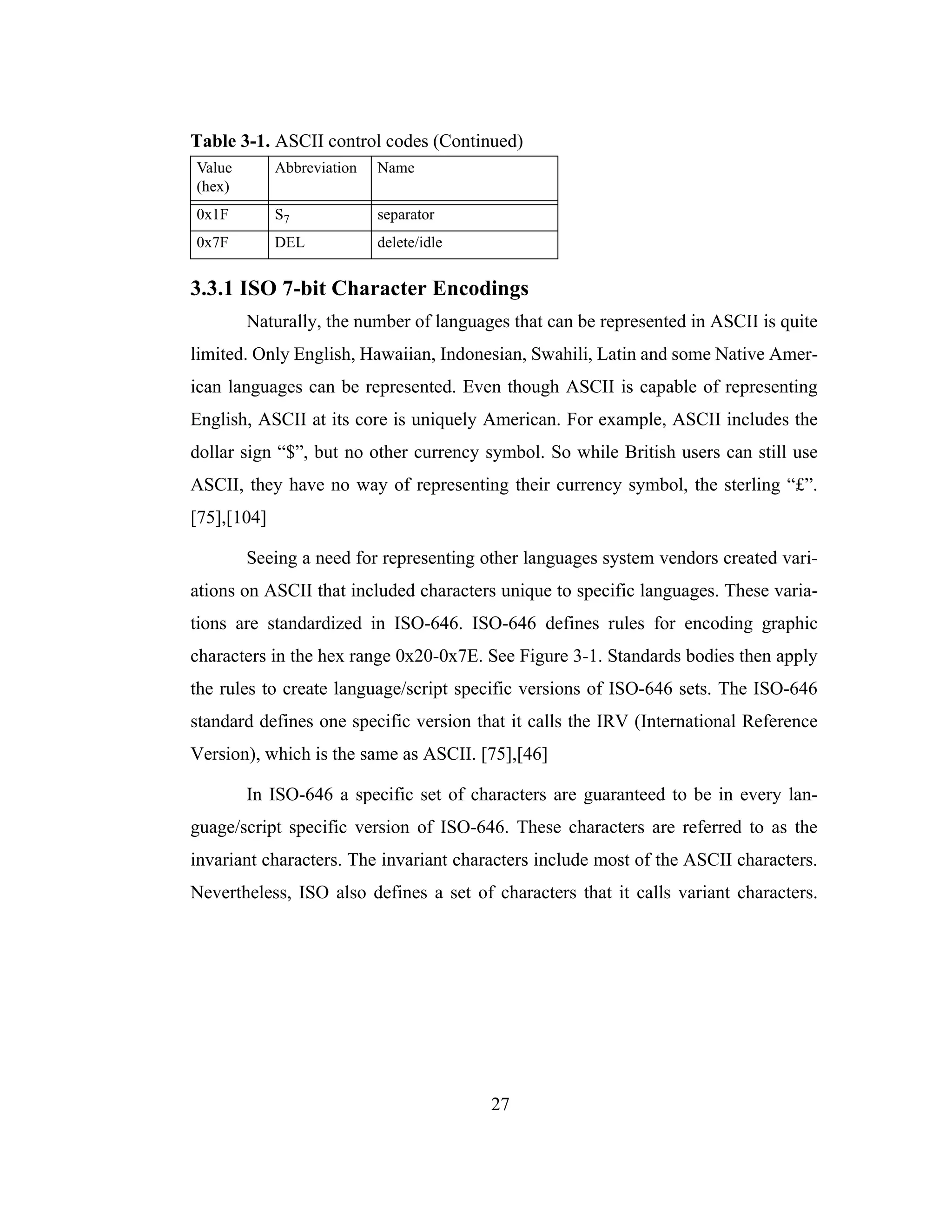27
3.3.1 ISO 7-bit Character Encodings
Naturally, the number of languages that can be represented in ASCII is quite
limited. Only English, Hawaiian, Indonesian, Swahili, Latin and some Native Amer-
ican languages can be represented. Even though ASCII is capable of representing
English, ASCII at its core is uniquely American. For example, ASCII includes the
dollar sign “$”, but no other currency symbol. So while British users can still use
ASCII, they have no way of representing their currency symbol, the sterling “£”.
[75],[104]
Seeing a need for representing other languages system vendors created vari-
ations on ASCII that included characters unique to specific languages. These varia-
tions are standardized in ISO-646. ISO-646 defines rules for encoding graphic
characters in the hex range 0x20-0x7E. See Figure 3-1. Standards bodies then apply
the rules to create language/script specific versions of ISO-646 sets. The ISO-646
standard defines one specific version that it calls the IRV (International Reference
Version), which is the same as ASCII. [75],[46]
In ISO-646 a specific set of characters are guaranteed to be in every lan-
guage/script specific version of ISO-646. These characters are referred to as the
invariant characters. The invariant characters include most of the ASCII characters.
Nevertheless, ISO also defines a set of characters that it calls variant characters.
0x1F S7 separator
0x7F DEL delete/idle
Table 3-1. ASCII control codes (Continued)
Value
(hex)
Abbreviation Name
 