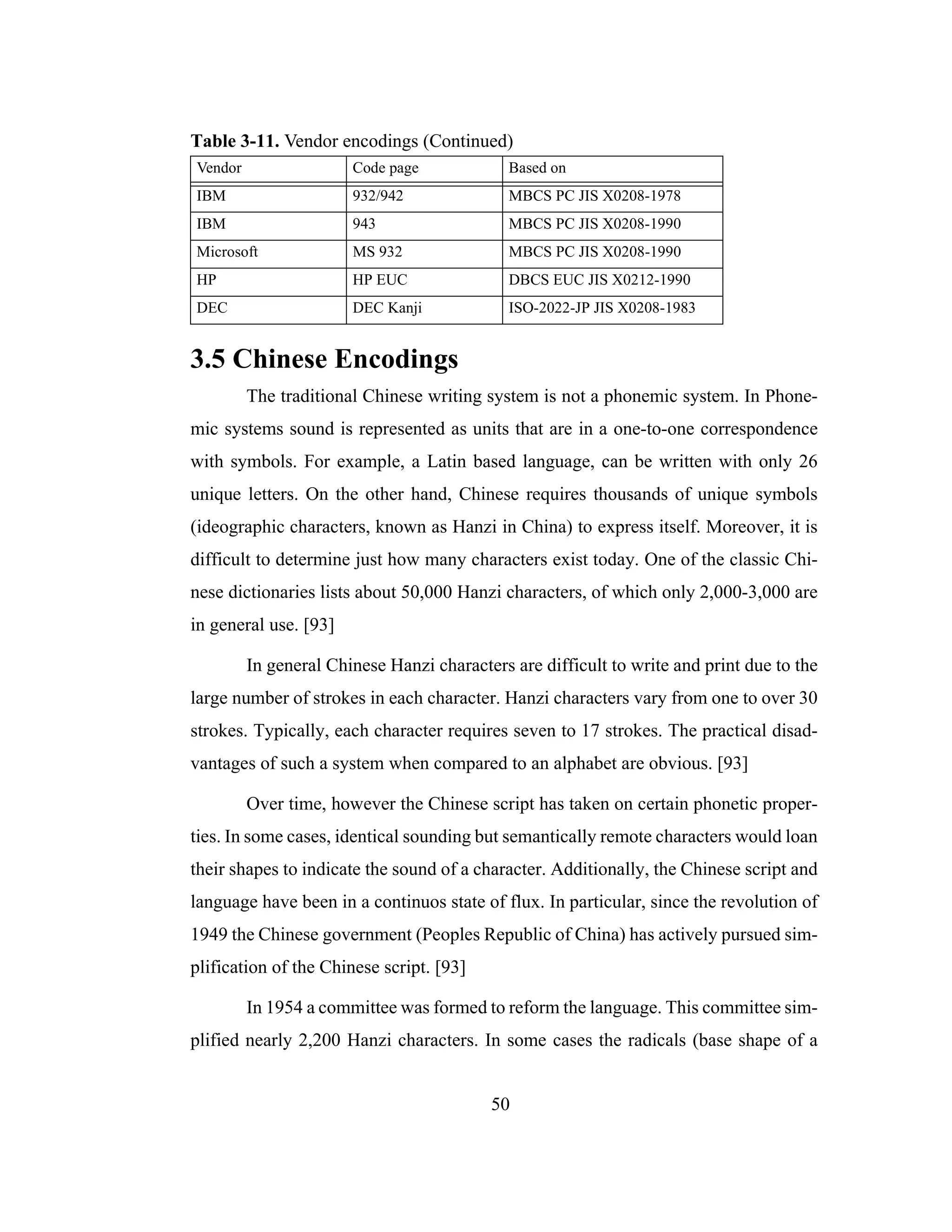50
3.5 Chinese Encodings
The traditional Chinese writing system is not a phonemic system. In Phone-
mic systems sound is represented as units that are in a one-to-one correspondence
with symbols. For example, a Latin based language, can be written with only 26
unique letters. On the other hand, Chinese requires thousands of unique symbols
(ideographic characters, known as Hanzi in China) to express itself. Moreover, it is
difficult to determine just how many characters exist today. One of the classic Chi-
nese dictionaries lists about 50,000 Hanzi characters, of which only 2,000-3,000 are
in general use. [93]
In general Chinese Hanzi characters are difficult to write and print due to the
large number of strokes in each character. Hanzi characters vary from one to over 30
strokes. Typically, each character requires seven to 17 strokes. The practical disad-
vantages of such a system when compared to an alphabet are obvious. [93]
Over time, however the Chinese script has taken on certain phonetic proper-
ties. In some cases, identical sounding but semantically remote characters would loan
their shapes to indicate the sound of a character. Additionally, the Chinese script and
language have been in a continuos state of flux. In particular, since the revolution of
1949 the Chinese government (Peoples Republic of China) has actively pursued sim-
plification of the Chinese script. [93]
In 1954 a committee was formed to reform the language. This committee sim-
plified nearly 2,200 Hanzi characters. In some cases the radicals (base shape of a
IBM 932/942 MBCS PC JIS X0208-1978
IBM 943 MBCS PC JIS X0208-1990
Microsoft MS 932 MBCS PC JIS X0208-1990
HP HP EUC DBCS EUC JIS X0212-1990
DEC DEC Kanji ISO-2022-JP JIS X0208-1983
Table 3-11. Vendor encodings (Continued)
Vendor Code page Based on
 