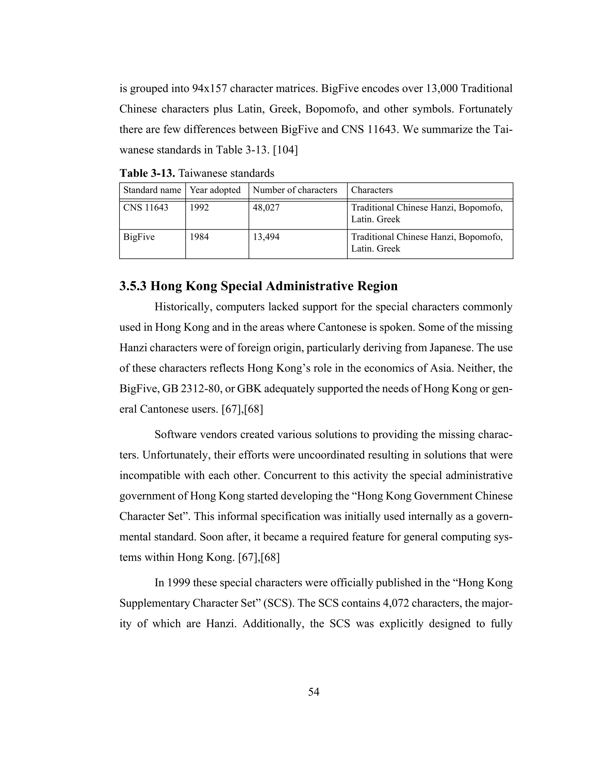 54
is grouped into 94x157 character matrices. BigFive encodes over 13,000 Traditional
Chinese characters plus Latin, Greek, Bopomofo, and other symbols. Fortunately
there are few differences between BigFive and CNS 11643. We summarize the Tai-
wanese standards in Table 3-13. [104]
3.5.3 Hong Kong Special Administrative Region
Historically, computers lacked support for the special characters commonly
used in Hong Kong and in the areas where Cantonese is spoken. Some of the missing
Hanzi characters were of foreign origin, particularly deriving from Japanese. The use
of these characters reflects Hong Kong’s role in the economics of Asia. Neither, the
BigFive, GB 2312-80, or GBK adequately supported the needs of Hong Kong or gen-
eral Cantonese users. [67],[68]
Software vendors created various solutions to providing the missing charac-
ters. Unfortunately, their efforts were uncoordinated resulting in solutions that were
incompatible with each other. Concurrent to this activity the special administrative
government of Hong Kong started developing the “Hong Kong Government Chinese
Character Set”. This informal specification was initially used internally as a govern-
mental standard. Soon after, it became a required feature for general computing sys-
tems within Hong Kong. [67],[68]
In 1999 these special characters were officially published in the “Hong Kong
Supplementary Character Set” (SCS). The SCS contains 4,072 characters, the major-
ity of which are Hanzi. Additionally, the SCS was explicitly designed to fully
Table 3-13. Taiwanese standards
Standard name Year adopted Number of characters Characters
CNS 11643 1992 48,027 Traditional Chinese Hanzi, Bopomofo,
Latin. Greek
BigFive 1984 13,494 Traditional Chinese Hanzi, Bopomofo,
Latin. Greek
 