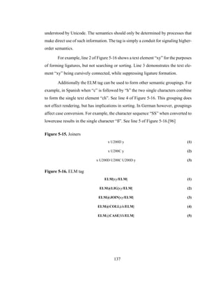 137
understood by Unicode. The semantics should only be determined by processes that
make direct use of such information. The tag is simply a conduit for signaling higher-
order semantics.
For example, line 2 of Figure 5-16 shows a text element “xy” for the purposes
of forming ligatures, but not searching or sorting. Line 3 demonstrates the text ele-
ment “xy” being cursively connected, while suppressing ligature formation.
Additionally the ELM tag can be used to form other semantic groupings. For
example, in Spanish when “c” is followed by “h” the two single characters combine
to form the single text element “ch”. See line 4 of Figure 5-16. This grouping does
not effect rendering, but has implications in sorting. In German however, groupings
affect case conversion. For example, the character sequence “SS” when converted to
lowercase results in the single character “ß”. See line 5 of Figure 5-16.[96]
Figure 5-15. Joiners
x U200D y (1)
x U200C y (2)
x U200D U200C U200D y (3)
Figure 5-16. ELM tag
ELM|xy/ELM| (1)
ELM@LIG|xy/ELM| (2)
ELM@JOIN|xy/ELM| (3)
ELM@COLL|ch/ELM| (4)
ELM@CASE|SS/ELM| (5)
 