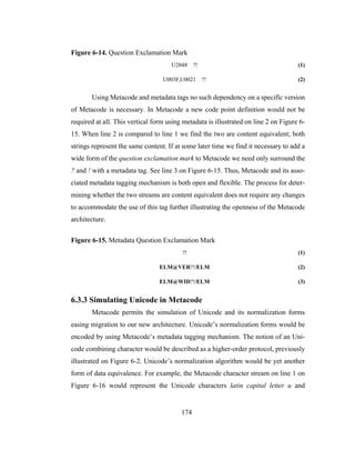 174
Figure 6-14. Question Exclamation Mark
U2048 ?! (1)
U003F,U0021 ?! (2)
Using Metacode and metadata tags no such dependency on a specific version
of Metacode is necessary. In Metacode a new code point definition would not be
required at all. This vertical form using metadata is illustrated on line 2 on Figure 6-
15. When line 2 is compared to line 1 we find the two are content equivalent; both
strings represent the same content. If at some later time we find it necessary to add a
wide form of the question exclamation mark to Metacode we need only surround the
? and ! with a metadata tag. See line 3 on Figure 6-15. Thus, Metacode and its asso-
ciated metadata tagging mechanism is both open and flexible. The process for deter-
mining whether the two streams are content equivalent does not require any changes
to accommodate the use of this tag further illustrating the openness of the Metacode
architecture.
Figure 6-15. Metadata Question Exclamation Mark
?! (1)
ELM@VER?!/ELM (2)
ELM@WID?!/ELM (3)
6.3.3 Simulating Unicode in Metacode
Metacode permits the simulation of Unicode and its normalization forms
easing migration to our new architecture. Unicode’s normalization forms would be
encoded by using Metacode’s metadata tagging mechanism. The notion of an Uni-
code combining character would be described as a higher-order protocol, previously
illustrated on Figure 6-2. Unicode’s normalization algorithm would be yet another
form of data equivalence. For example, the Metacode character stream on line 1 on
Figure 6-16 would represent the Unicode characters latin capital letter u and
 