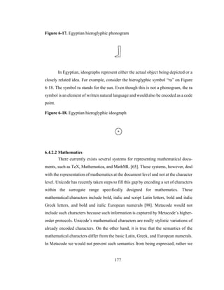 177
Figure 6-17. Egyptian hieroglyphic phonogram
In Egyptian, ideographs represent either the actual object being depicted or a
closely related idea. For example, consider the hieroglyphic symbol “ra” on Figure
6-18. The symbol ra stands for the sun. Even though this is not a phonogram, the ra
symbol is an element of written natural language and would also be encoded as a code
point.
Figure 6-18. Egyptian hieroglyphic ideograph
6.4.2.2 Mathematics
There currently exists several systems for representing mathematical docu-
ments, such as TeX, Mathematica, and MathML [65]. These systems, however, deal
with the representation of mathematics at the document level and not at the character
level. Unicode has recently taken steps to fill this gap by encoding a set of characters
within the surrogate range specifically designed for mathematics. These
mathematical characters include bold, italic and script Latin letters, bold and italic
Greek letters, and bold and italic European numerals [98]. Metacode would not
include such characters because such information is captured by Metacode’s higher-
order protocols. Unicode’s mathematical characters are really stylistic variations of
already encoded characters. On the other hand, it is true that the semantics of the
mathematical characters differ from the basic Latin, Greek, and European numerals.
In Metacode we would not prevent such semantics from being expressed, rather we
 