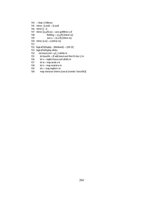 204
144 -- Rule L4 Mirrors
145 mirror:: [Level] -> [Level]
146 mirror [] = []
147 mirror ((x,y,R):xs) = case getMirror y of
148 Nothing -> (x,y,R):(mirror xs)
149 Just a -> (x,a,R):(mirror xs)
150 mirror (x:xs) = x:(mirror xs)
151
152 logicalToDisplay :: [Attributed] -> [Utf-32]
153 logicalToDisplay attribs
154 =let baseLevel = p2_3 attribs in
155 let baseDir = (if odd baseLevel then R else L) in
156 let x = explicit baseLevel attribs in
157 let w = map weak x in
158 let n = map neutral w in
159 let i = map implicit n in
160 map character (mirror (concat (reorder i baseDir)))
 