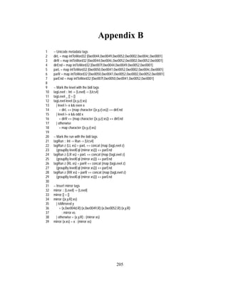 205
Appendix B
1 -- Unicode metadata tags
2 dirL = map intToWord32 [0xe0044,0xe0049,0xe0052,0xe0002,0xe004c,0xe0001]
3 dirR = map intToWord32 [0xe0044,0xe004c,0xe0052,0xe0002,0xe0052,0xe0001]
4 dirEnd = map intToWord32 [0xe007f,0xe0044,0xe0049,0xe0052,0xe0001]
5 parL = map intToWord32 [0xe0050,0xe0041,0xe0052,0xe0002,0xe004c,0xe0001]
6 parR = map intToWord32 [0xe0050,0xe0041,0xe0052,0xe0002,0xe0052,0xe0001]
7 parEnd = map intToWord32 [0xe007f,0xe0050,0xe0041,0xe0052,0xe0001]
8
9 -- Mark the level with the bidi tags
10 tagLevel :: Int -> [Level] -> [Ucs4]
11 tagLevel _ [] = []
12 tagLevel level ((x,y,z):xs)
13 | level /= x && even x
14 = dirL ++ (map character ((x,y,z):xs)) ++ dirEnd
15 | level /= x && odd x
16 = dirR ++ (map character ((x,y,z):xs)) ++ dirEnd
17 | otherwise
18 = map character ((x,y,z):xs)
19
20 -- Mark the run with the bidi tags
21 tagRun :: Int -> Run -> [Ucs4]
22 tagRun z (LL xs) = parL ++ concat (map (tagLevel z)
23 (groupBy levelEql (mirror xs))) ++ parEnd
24 tagRun z (LR xs) = parL ++ concat (map (tagLevel z)
25 (groupBy levelEql (mirror xs))) ++ parEnd
26 tagRun z (RL xs) = parR ++ concat (map (tagLevel z)
27 (groupBy levelEql (mirror xs))) ++ parEnd
28 tagRun z (RR xs) = parR ++ concat (map (tagLevel z)
29 (groupBy levelEql (mirror xs))) ++ parEnd
30
31 -- Insert mirror tags
32 mirror :: [Level] -> [Level]
33 mirror [] = []
34 mirror ((x,y,R):xs)
35 | isMirrored y
36 = (x,0xe004d,R):(x,0xe0049,R):(x,0xe0052,R):(x,y,R)
37 : mirror xs
38 | otherwise = (x,y,R) : (mirror xs)
39 mirror (x:xs) = x : (mirror xs)
 