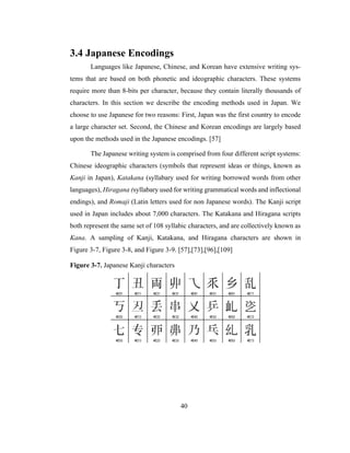 40
3.4 Japanese Encodings
Languages like Japanese, Chinese, and Korean have extensive writing sys-
tems that are based on both phonetic and ideographic characters. These systems
require more than 8-bits per character, because they contain literally thousands of
characters. In this section we describe the encoding methods used in Japan. We
choose to use Japanese for two reasons: First, Japan was the first country to encode
a large character set. Second, the Chinese and Korean encodings are largely based
upon the methods used in the Japanese encodings. [57]
The Japanese writing system is comprised from four different script systems:
Chinese ideographic characters (symbols that represent ideas or things, known as
Kanji in Japan), Katakana (syllabary used for writing borrowed words from other
languages), Hiragana (syllabary used for writing grammatical words and inflectional
endings), and Romaji (Latin letters used for non Japanese words). The Kanji script
used in Japan includes about 7,000 characters. The Katakana and Hiragana scripts
both represent the same set of 108 syllabic characters, and are collectively known as
Kana. A sampling of Kanji, Katakana, and Hiragana characters are shown in
Figure 3-7, Figure 3-8, and Figure 3-9. [57],[73],[96],[109]
Figure 3-7. Japanese Kanji characters
 