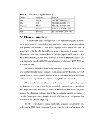 50
3.5 Chinese Encodings
The traditional Chinese writing system is not a phonemic system. In Phone-
mic systems sound is represented as units that are in a one-to-one correspondence
with symbols. For example, a Latin based language, can be written with only 26
unique letters. On the other hand, Chinese requires thousands of unique symbols
(ideographic characters, known as Hanzi in China) to express itself. Moreover, it is
difficult to determine just how many characters exist today. One of the classic Chi-
nese dictionaries lists about 50,000 Hanzi characters, of which only 2,000-3,000 are
in general use. [93]
In general Chinese Hanzi characters are difficult to write and print due to the
large number of strokes in each character. Hanzi characters vary from one to over 30
strokes. Typically, each character requires seven to 17 strokes. The practical disad-
vantages of such a system when compared to an alphabet are obvious. [93]
Over time, however the Chinese script has taken on certain phonetic proper-
ties. In some cases, identical sounding but semantically remote characters would loan
their shapes to indicate the sound of a character. Additionally, the Chinese script and
language have been in a continuos state of flux. In particular, since the revolution of
1949 the Chinese government (Peoples Republic of China) has actively pursued sim-
plification of the Chinese script. [93]
In 1954 a committee was formed to reform the language. This committee sim-
plified nearly 2,200 Hanzi characters. In some cases the radicals (base shape of a
IBM 932/942 MBCS PC JIS X0208-1978
IBM 943 MBCS PC JIS X0208-1990
Microsoft MS 932 MBCS PC JIS X0208-1990
HP HP EUC DBCS EUC JIS X0212-1990
DEC DEC Kanji ISO-2022-JP JIS X0208-1983
Table 3-11. Vendor encodings (Continued)
Vendor Code page Based on
 