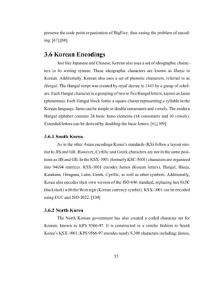55
preserve the code point organization of BigFive, thus easing the problem of encod-
ing. [67],[68]
3.6 Korean Encodings
Just like Japanese and Chinese, Korean also uses a set of ideographic charac-
ters in its writing system. These ideographic characters are known as Hanja in
Korean. Additionally, Korean also uses a set of phonetic characters, referred to as
Hangul. The Hangul script was created by royal decree in 1443 by a group of schol-
ars. Each Hangul character is a grouping of two to five Hangul letters, known as Jamo
(phonemes). Each Hangul block forms a square cluster representing a syllable in the
Korean language. Jamo can be simple or double consonants and vowels. The modern
Hangul alphabet contains 24 basic Jamo elements (14 consonants and 10 vowels).
Extended letters can be derived by doubling the basic letters. [6],[109]
3.6.1 South Korea
As in the other Asian encodings Korea’s standards (KS) follow a layout sim-
ilar to JIS and GB. However, Cyrillic and Greek characters are not in the same posi-
tions as JIS and GB. In the KSX-1001 (formerly KSC-5601) characters are organized
into 94x94 matrices. KSX-1001 encodes Jamos (Korean letters), Hangul, Hanja,
Katakana, Hiragana, Latin, Greek, Cyrillic, as well as other symbols. Additionally,
Korea also encodes their own version of the ISO-646 standard, replacing hex 0x5C
(backslash) with the Won sign (Korean currency symbol). KSX-1001 can be encoded
using EUC and ISO-2022. [104]
3.6.2 North Korea
The North Korean government has also created a coded character set for
Korean, known as KPS 9566-97. It is constructed in a similar fashion to South
Korea’s KSX-1001. KPS 9566-97 encodes nearly 8,300 characters including: Jamos,
 