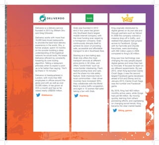 17
Grab was founded in 2012
and in four years has grown
into Southeast Asia’s largest
mobile internet company, with
the most funding ever raised by
a homegrown company. Grab
continuously disrupts itself to
achieve its vision of providing
safe, accessible and affordable
transport to all in Southeast Asia.
Starting as a taxi-hailing app,
Grab now offers the most
transport services at different
price points in 30 cities, and
offers “world-ﬁrsts” such as
cross-border ridesharing, Flash
feature pooling taxis and cars,
and the share-my-ride safety
feature. Grab improves lives in
local communities – their driver
incomes have increased 30%;
they collaborate with the World
Bank to solve trafﬁc congestion,
and eight in 10 women feel safer
taking a taxi with Grab.
@grabsg
King originally distributed its
digital games on its own site and
through partners such as Yahoo!
In 2009 the company noticed a
massive drop-off in trafﬁc, and
realised that players had jumped
across to Facebook. Zynga,
with its Farmville and Cityville
franchises, were dominating
with 292 million users in 2009
compared to King’s 30 million.
King saw how technology was
changing the way people played
digital games and knew they had
to innovate. It focused its team on
six different experiments. By just
2012, when King launched Candy
Crush Saga, it was the second
largest Facebook game developer,
ahead of EA and Disney and by
January 2013, Candy Crush Saga
was the number one Facebook
game.
By 2016, King had 463 million
monthly active users, while Zynga
had just 68 million. By moving
quickly, learning from others’
pioneering efforts, and capitalising
on changing social trends, King
became the clear market leader.
@king_games
Deliveroo is a delivery service
founded in 2013 by William Shu
and Greg Orlowski.
Deliveroo works with more than
16,000 best-loved restaurants
to provide the best food delivery
experience in the world. Shu, a
former analyst, spent 10 months
on his scooter building a deep
understanding of the logistical
network he would build. He keeps
Deliveroo efﬁcient by constantly
tweaking its core routing
algorithm. Telling a restaurant
precisely when to expect a pick-
up is far better than saying: “He’ll
be there in 10 minutes.”
Deliveroo is headquartered in
London, with more than 800
employees in ofﬁces around the
globe and with as well as over
20,000 riders. It has grown at
25% a month and has so far
raised nearly US$200 million.
@deliveroo
 
