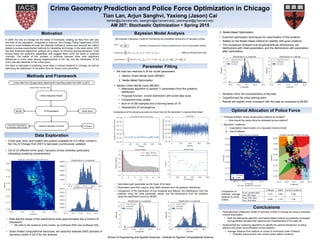 In 2009, the City of Chicago led the nation in homicides, beating out New York with only
one third of the population. Desperate to improve, the Chicago Police Department (CPD)
turned to funds available through the National Institute of Justice and secured two million
dollars to pursue experimental methods for integrating technology. In the years since, CPD
has fully embraced algorithmic analysis as a means of informing policing decisions. Chief
among these are predictive capabilities that suggest likely crime hot spots or potential
criminals. The nature of this problem is nontrivial because there exist significant
differences in crime rates among neighborhoods of the city, and the distribution of the
crime rate also depends on the crime types.
Our team is interested in predicting crime rates in various locations in Chicago, as well as
optimizing the distribution of the police force for future crime prevention.
Crime data from Chicago police department’s reporting system from 2001 to 2015
Fit Parameters
Optimize Allocation of Police
Select subset: narcotics data
Motivation
Methods and Framework
Data Exploration
Crime Geometry Prediction and Police Force Optimization in Chicago
Tian Lan, Arjun Sanghvi, Yaxiong (Jason) Cai
tianlan@g.harvard.edu, asanghvi@g.harvard.edu, yaxiongcai@g.harvard.edu
AM 207: Stochastic Optimization Ÿ Spring 2015
Optimal Allocation of Police Force
Bayesian Model Analysis
Conclusions
Define Bayesian Model
Parameter Fitting
MCMC Nelder-Mead
Expectation Maximization
for Gaussian Mixture Model
K-Means
•  Crime type, time, and location are publicly available for 5.5 million crimes in
the City of Chicago from 2001 to last week (continuously updated)
•  Out of 33 different crime types, narcotics crimes exhibited particularly
interesting clustering characteristics
•  Note that the shape of the distributions looks approximately like a mixture of
Gaussians
•  We refer to the locations of the modes as northwest (NW) and southeast (SE)
•  Given limited computational resources, we randomly selected 5000 samples of
narcotics crimes in 2013 for this analysis
We propose a Bayesian model for formalizing the probability distribution of narcotics crimes.
•  We tried two methods to fit the model parameters:
1.  Markov Chain Monte Carlo (MCMC)
2.  Nelder-Mead Optimization
1.  Markov Chain Monte Carlo (MCMC)
•  Metropolis algorithm to sample 11 parameters from the posterior
distribution
•  Proposal function: normal distribution with tuned step sizes
•  Component-wise update
•  Burn-in of 200 samples and a thinning factor of 15
•  Assessment of convergence
•  Calculated each parameter as the mean of its trace
•  Parameters were then used to draw 5000 samples from the posterior distribution
•  Comparison of the distribution of true longitude and latitude, the distributions from the
posterior using the initial parameter values, and the distributions from the posterior
using the parameters found by MCMC
2. Nelder-Mead Optimization
•  Explored optimization techniques for maximization of the posterior
•  Settled on the Nelder-Mead method for stability with given posterior
•  The comparison between true longitude/latitude distributions, the
distributions with initial parameters, and the distributions with parameters
after optimization:
•  Samples mimic the characteristics of the data
•  Outperformed the initial starting point
•  Results are slightly more consistent with the data as compared to MCMC
Prior =
1
∑NW ∑SE
Likelihood = wN xi | µNW ,∑NW( )+ (1− w)N xi | µSE ,∑SE( )
i=1
N
∏
Inverse of covariance to induce a preference for more concentrated clusters
GMM as informed from data
Visualizations of the sampling process are shown here for the parameter “Longitude West Mean”:
•  Parameterized a Bayesian model of narcotics crimes in Chicago by using a Gaussian
mixture assumption
•  Both the Metropolis algorithm and Nelder-Mead method successfully converged
and generated samples that captured key characteristics of the data set
•  Implemented two clustering algorithms to identify the optimal distribution of police
stations and police force allocation across stations
•  Average distance from stations to crimes is minimized under K-Means
•  Potential improvement over current police station locations
•  Practical problem: where should police stations be located?
•  How should the police force be allocated across stations?
•  Approach: clustering
1.  Expectation maximization of a Gaussian mixture model
2.  Hard K-Means
Log Posterior ∝ ln wN xi | µNW ,∑NW( )+ (1− w)N xi | µSE ,∑SE( )( )
i=1
N
∑ − ln ∑NW( )− ln ∑SE( )
K-­‐Means	
   GMM	
   Current	
  Loca1ons	
  
Train:	
  sampled	
  data	
  
Test:	
  2013	
  data	
  
1.311	
   1.656	
   1.449	
  
Train:	
  2013	
  data	
  
Test:	
  2014	
  data	
  
0.966	
   1.173	
   1.38	
  
Comparison of
methods: average
distance to crime
(miles)
K-Means Optimized Decision Boundary
School of Engineering and Applied Sciences • Institute for Applied Computational Science"
 