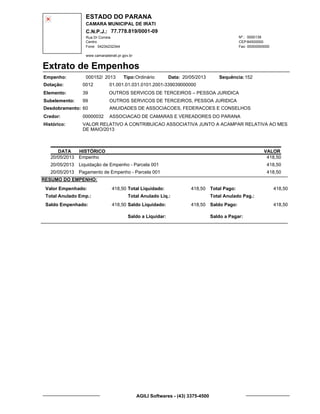 ESTADO DO PARANA
CAMARA MUNICIPAL DE IRATI
C.N.P.J.: 77.778.819/0001-09
Rua Dr Correia 0000139
Centro
04234232344 00000000000
Nº.:
Fone: Fax:
www.camaradeirati.pr.gov.br
84500000CEP:
Extrato de Empenhos
Empenho: 000152 2013/
Dotação:
Tipo: Data: Sequência:
Elemento:
Subelemento:
Desdobramento:
Credor:
Histórico:
0012
00000032
60
99
VALOR RELATIVO A CONTRIBUICAO ASSOCIATIVA JUNTO A ACAMPAR RELATIVA AO MES
DE MAIO/2013
ASSOCIACAO DE CAMARAS E VEREADORES DO PARANA
OUTROS SERVICOS DE TERCEIROS – PESSOA JURIDICA
OUTROS SERVICOS DE TERCEIROS, PESSOA JURIDICA
ANUIDADES DE ASSOCIACOES, FEDERACOES E CONSELHOS
39
01.001.01.031.0101.2001-339039000000
15220/05/2013Ordinário
DATA HISTÓRICO VALOR
20/05/2013 Empenho 418,50
20/05/2013 Liquidação de Empenho - Parcela 001 418,50
20/05/2013 Pagamento de Empenho - Parcela 001 418,50
RESUMO DO EMPENHO:
Valor Empenhado:
Total Anulado Emp.:
Saldo Empenhado:
418,50
418,50
Total Liquidado:
Total Anulado Liq.:
Saldo Liquidado:
418,50
418,50
Total Pago:
Total Anulado Pag.:
Saldo Pago:
418,50
418,50
Saldo a Liquidar: Saldo a Pagar:
AGILI Softwares - (43) 3375-4500
 