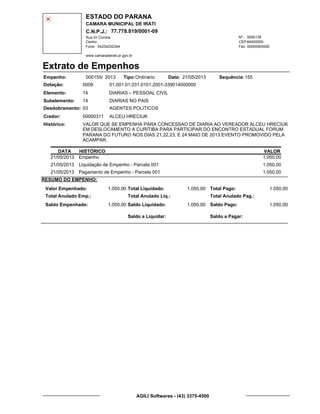 ESTADO DO PARANA
CAMARA MUNICIPAL DE IRATI
C.N.P.J.: 77.778.819/0001-09
Rua Dr Correia 0000139
Centro
04234232344 00000000000
Nº.:
Fone: Fax:
www.camaradeirati.pr.gov.br
84500000CEP:
Extrato de Empenhos
Empenho: 000155 2013/
Dotação:
Tipo: Data: Sequência:
Elemento:
Subelemento:
Desdobramento:
Credor:
Histórico:
0009
00000311
03
14
VALOR QUE SE EMPENHA PARA CONCESSAO DE DIARIA AO VEREADOR ALCEU HRECIUK
EM DESLOCAMENTO A CURITIBA PARA PARTICIPAR DO ENCONTRO ESTADUAL FORUM
PARANA DO FUTURO NOS DIAS 21,22,23, E 24 MAIO DE 2013 EVENTO PROMOVIDO PELA
ACAMPAR.
ALCEU HRECIUK
DIARIAS – PESSOAL CIVIL
DIARIAS NO PAIS
AGENTES POLITICOS
14
01.001.01.031.0101.2001-339014000000
15521/05/2013Ordinário
DATA HISTÓRICO VALOR
21/05/2013 Empenho 1.050,00
21/05/2013 Liquidação de Empenho - Parcela 001 1.050,00
21/05/2013 Pagamento de Empenho - Parcela 001 1.050,00
RESUMO DO EMPENHO:
Valor Empenhado:
Total Anulado Emp.:
Saldo Empenhado:
1.050,00
1.050,00
Total Liquidado:
Total Anulado Liq.:
Saldo Liquidado:
1.050,00
1.050,00
Total Pago:
Total Anulado Pag.:
Saldo Pago:
1.050,00
1.050,00
Saldo a Liquidar: Saldo a Pagar:
AGILI Softwares - (43) 3375-4500
 