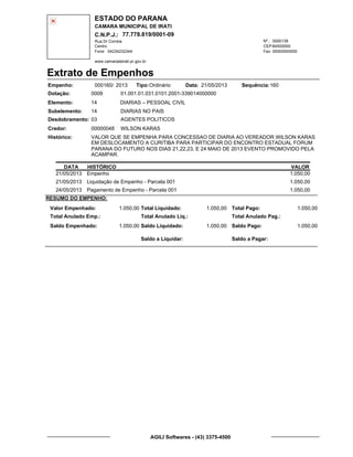 ESTADO DO PARANA
CAMARA MUNICIPAL DE IRATI
C.N.P.J.: 77.778.819/0001-09
Rua Dr Correia 0000139
Centro
04234232344 00000000000
Nº.:
Fone: Fax:
www.camaradeirati.pr.gov.br
84500000CEP:
Extrato de Empenhos
Empenho: 000160 2013/
Dotação:
Tipo: Data: Sequência:
Elemento:
Subelemento:
Desdobramento:
Credor:
Histórico:
0009
00000048
03
14
VALOR QUE SE EMPENHA PARA CONCESSAO DE DIARIA AO VEREADOR WILSON KARAS
EM DESLOCAMENTO A CURITIBA PARA PARTICIPAR DO ENCONTRO ESTADUAL FORUM
PARANA DO FUTURO NOS DIAS 21,22,23, E 24 MAIO DE 2013 EVENTO PROMOVIDO PELA
ACAMPAR.
WILSON KARAS
DIARIAS – PESSOAL CIVIL
DIARIAS NO PAIS
AGENTES POLITICOS
14
01.001.01.031.0101.2001-339014000000
16021/05/2013Ordinário
DATA HISTÓRICO VALOR
21/05/2013 Empenho 1.050,00
21/05/2013 Liquidação de Empenho - Parcela 001 1.050,00
24/05/2013 Pagamento de Empenho - Parcela 001 1.050,00
RESUMO DO EMPENHO:
Valor Empenhado:
Total Anulado Emp.:
Saldo Empenhado:
1.050,00
1.050,00
Total Liquidado:
Total Anulado Liq.:
Saldo Liquidado:
1.050,00
1.050,00
Total Pago:
Total Anulado Pag.:
Saldo Pago:
1.050,00
1.050,00
Saldo a Liquidar: Saldo a Pagar:
AGILI Softwares - (43) 3375-4500
 