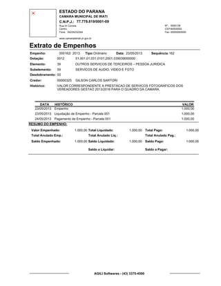 ESTADO DO PARANA
CAMARA MUNICIPAL DE IRATI
C.N.P.J.: 77.778.819/0001-09
Rua Dr Correia 0000139
Centro
04234232344 00000000000
Nº.:
Fone: Fax:
www.camaradeirati.pr.gov.br
84500000CEP:
Extrato de Empenhos
Empenho: 000162 2013/
Dotação:
Tipo: Data: Sequência:
Elemento:
Subelemento:
Desdobramento:
Credor:
Histórico:
0012
00000325
00
59
VALOR CORRESPONDENTE A PRESTACAO DE SERVICOS FOTOGRAFICOS DOS
VEREADORES GESTAO 2013/2016 PARA O QUADRO DA CAMARA.
GILSON CARLOS SARTORI
OUTROS SERVICOS DE TERCEIROS – PESSOA JURIDICA
SERVICOS DE AUDIO, VIDEO E FOTO
39
01.001.01.031.0101.2001-339039000000
16223/05/2013Ordinário
DATA HISTÓRICO VALOR
23/05/2013 Empenho 1.000,00
23/05/2013 Liquidação de Empenho - Parcela 001 1.000,00
24/05/2013 Pagamento de Empenho - Parcela 001 1.000,00
RESUMO DO EMPENHO:
Valor Empenhado:
Total Anulado Emp.:
Saldo Empenhado:
1.000,00
1.000,00
Total Liquidado:
Total Anulado Liq.:
Saldo Liquidado:
1.000,00
1.000,00
Total Pago:
Total Anulado Pag.:
Saldo Pago:
1.000,00
1.000,00
Saldo a Liquidar: Saldo a Pagar:
AGILI Softwares - (43) 3375-4500
 