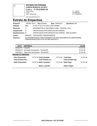ESTADO DO PARANA
CAMARA MUNICIPAL DE IRATI
C.N.P.J.: 77.778.819/0001-09
Rua Dr Correia 0000139
Centro
04234232344 00000000000
Nº.:
Fone: Fax:
www.camaradeirati.pr.gov.br
84500000CEP:
Extrato de Empenhos
Empenho: 000166 2013/
Dotação:
Tipo: Data: Sequência:
Elemento:
Subelemento:
Desdobramento:
Credor:
Histórico:
0004
00000222
01
31
VALOR EMPENHADO PARA PAGAMENTO DE DOS VENCIMENTOS A SERVIDORES
COMISSIONADOS RELATIVO AO MES MAIO/2013
SERVIDORES COMISSIONADOS
VENCIMENTOS E VANTAGENS FIXAS – PESSOAL CIVIL
GRATIFICACAO POR EXERCICIO DE CARGOS
GRATIFICACAO POR EXERCICIO DE CARGOS – NAO OCUPANT
11
01.001.01.031.0101.2001-319011000000
16629/05/2013Ordinário
DATA HISTÓRICO VALOR
29/05/2013 Empenho 12.731,40
29/05/2013 Liquidação de Empenho - Parcela 001 12.731,40
29/05/2013 Pagamento de Empenho - Parcela 001 12.731,40
RESUMO DO EMPENHO:
Valor Empenhado:
Total Anulado Emp.:
Saldo Empenhado:
12.731,40
12.731,40
Total Liquidado:
Total Anulado Liq.:
Saldo Liquidado:
12.731,40
12.731,40
Total Pago:
Total Anulado Pag.:
Saldo Pago:
12.731,40
12.731,40
Saldo a Liquidar: Saldo a Pagar:
AGILI Softwares - (43) 3375-4500
 
