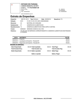 ESTADO DO PARANA
CAMARA MUNICIPAL DE IRATI
C.N.P.J.: 77.778.819/0001-09
Rua Dr Correia 0000139
Centro
04234232344 00000000000
Nº.:
Fone: Fax:
www.camaradeirati.pr.gov.br
84500000CEP:
Extrato de Empenhos
Empenho: 000173 2013/
Dotação:
Tipo: Data: Sequência:
Elemento:
Subelemento:
Desdobramento:
Credor:
Histórico:
0010
00000245
12
07
VALOR QUE SE EMPENHA CORRESPONDENTE A GENEROS ALIMENTICIOS DESTINADOS
A COZINHA.
MARIANO IVASKO & CIA LTDA
MATERIAL DE CONSUMO
GENEROS DE ALIMENTACAO
GENEROS ALIMENTICIOS PARA COPA E CANTINA
30
01.001.01.031.0101.2001-339030000000
17329/05/2013Ordinário
DATA HISTÓRICO VALOR
29/05/2013 Empenho 540,50
29/05/2013 Liquidação de Empenho - Parcela 001 540,50
29/05/2013 Pagamento de Empenho - Parcela 001 540,50
RESUMO DO EMPENHO:
Valor Empenhado:
Total Anulado Emp.:
Saldo Empenhado:
540,50
540,50
Total Liquidado:
Total Anulado Liq.:
Saldo Liquidado:
540,50
540,50
Total Pago:
Total Anulado Pag.:
Saldo Pago:
540,50
540,50
Saldo a Liquidar: Saldo a Pagar:
AGILI Softwares - (43) 3375-4500
 