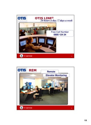 11
in service 21
OTIS LINEOTIS LINE®®
Free Call Number
0800 124 24
24 hours a day / 7 days a week
in service 22
REMREM
Elevator Monitoring
Remote
 