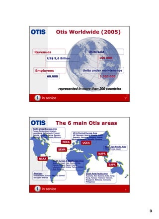 3
in service 5
Otis WorldwideOtis Worldwide (2005)(2005)
represented in more than 200 countriesrepresentedrepresented in morein more thanthan 200 countries200 countries
Revenues
US$ 9,6US$ 9,6 BillionBillion
Employees
60.00060.000
100 000100 000
Units underUnits under maintenancemaintenance
1 500 0001 500 000
Units soldUnits sold
in service 6
NSAANSAA
SAPASAPA
NAPANAPA
UCEAUCEA
SEMASEMA
NEEANEEA
The 6 main Otis areas
Americas
United States, Canada, Mexico, Central
and Latin America
South Europe & Middle East Area
Spain, Portugal, Italy, South Africa,
Cyprus, Greece, Egypt, Kuwait,
Lebanon, Saudi Arabia, Turkey, United
Arab Emirates
North & East Europe Area
France, Switzerland, Belgium,
Luxemburg, Netherlands, Finland,
Estonia, Lithuania, Latvia, Sweden,
Denmark, Norway, Russia, Morocco
UK & Central Europe Area
UK, Germany, Austria, Croatia, Czech
Republic, Germany, Hungary, Ireland,
Poland, Romania, Slovakia, Slovenia
North Asia Pacific Area
China, Korea, Japan
South Asia Pacific Area
Australia, New-Zealand, India, Hong-
Kong, Taiwan, Thailand, Vietnam,
Singapore, Malaysia, Indonesia,
Philippines
 