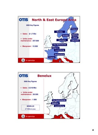 4
in service 7
Finland
France
Switzerland
Sweden
The Netherlands
NorthNorth && EastEast Europe AreaEurope Area
• Sales : $ 1,7 Bio
• Units under
maintenance : 357.000
• Manpower : 12.500
2005 Key Figures2005 Key Figures
Norway
Estonia
Latvia
Lithuania
Belgium
Denmark
Luxemburg
in service 8
BeneluxBenelux
• Sales : $ 218 Mio
• Units under
maintenance : 38 500
• Manpower : 1 000
BelgiumBelgium
LuxemburgBENELUX
27 Millions pop.
The Netherlands
2005 Key Figures2005 Key Figures
 