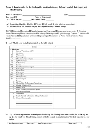 133
Annex 9: Questionnaire for Service Provider working in County Referral Hospital, Sub-county and
Health facility
Name of Interviewer: ________________________________ Date: ___________________
Tool code: PM_________ Name of Respondent: _________________________________
[A1] Code of Facility: _________ [A2] County Code: _________
[A3] Ownership of facility: Public Private Faith based  other (check as appropriate)
(A4) What section of the Hospital are you working (Please check all that apply)
OPD Maternity in-patient Casualty/accident and Emergency Comprehensive care centre  Operating
theatre  Pharmacy Lab & Blood Bank  Radiology  Orthopedics Ophthalmology Dental  Pediatrics 
Health Records  Physiotherapy  Medical Engineering & Maintenance  Public Health  Others: Please
Specify…………….
2. [A4] What is your cadre?( please check in the table below)
CADRE (  )
A .Physicians
I. General Practitioners(GP)
II. Anesthetics
III. Pharmacists
IV. Neurosurgeons
V. Obstetrics &Gynecologist
VI. Ophthalmologist
VII. Pediatricians
VIII. Dentists
IX. Renal Specialists/urologists
X. Pathologist
XI. Psychiatrists
XII. Radiologist
XIII. Oncologists
XIV. Chest specialist
XV. Dermatologists
a. Nurses
b. Medical Lab Technologists/Technicians
c. Clinical Officers (CO)
d. Pharm. Techs.
e. Public Health/Environmental Health
Officers/Technicians
f. Nutritionists
g. Health Records Information Officers/technicians
h. Others (Please specify)
22. [A5] The following are some of the key service delivery and training need areas. Please put an “X” by the
top five for which you think training is most critically needed by you in your service delivery point in your
facility
KEY TRAINING AREA CRITICAL? KEY TRAINING AREA CRITICAL?
 