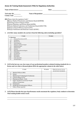 137
Annex 10: Training Needs Assessment (TNA) for Regulatory Authorities
Name of Interviewer: ________________________________ Date: ___________________
Tool code: RA_________ Name of Respondent: _________________________________
County Code: ___________
[B1] Please check the regulatory body?
Kenya Medical Practitioners and Dentists Board (KMPDB)
 Nursing Council of Kenya (NCK)
 Kenya Pharmacy and Poisons Board (KPPB)
 Kenya Medical Laboratory and Technicians Board (KMLTTB)
 Kenya Clinical Officers Council (COC)
 Kenya Nutritionist and Dietician Council (KNDC)
1. [A1] How many members do you have from the following cadres including specialists?
CADRE NUMBER
A .Physicians
I. General Practitioners(GP)
II. Anesthetics
III. Pharmacists
IV. Neurosurgeons
V. Obstetrics &Gynecologist
VI. Ophthalmologist
VII. Pediatricians
VIII. Dentists
IX. Renal Specialists/urologists
X. Pathologist
XI. Psychiatrists
XII. Radiologist
XIII. Oncologists
XIV. Chest specialist
XV. Dermatologists
2. [A2] In the last one year, how many of your professional members attained training standards for re-
license and were thus re-licensed (please fill in the appropriate column in the table below)
CADRE NUMBER PERCENTAGE OF TOTAL
REGISTERED MEMBERS
a. Medical Officers (MO)
b. Nurses
c. Medical Lab Technologists/Technicians
d. Clinical Officers (CO)
e. Pharmacists/Pharm. Techs.
f. Public Health/Environmental Health
Officers/Technicians
g. Nutritionists
h. Health Record Information Officers
i. Others (Please specify)
3. [A23] Please describe the type of performance needs assessment the regulatory body conducts to determine
what training health workers need.
_________________________________________________________________________________
_________________________________________________________________________________
 
