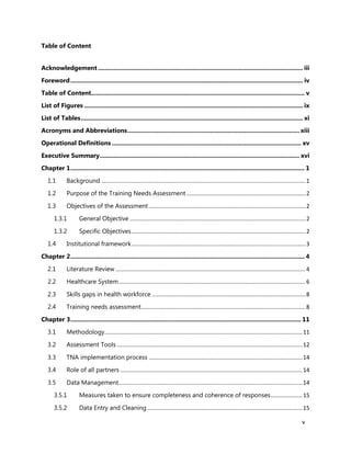 v
Table of Content
Acknowledgement ....................................................................................................................... iii
Foreword....................................................................................................................................... iv
Table of Content............................................................................................................................ v
List of Figures ............................................................................................................................... ix
List of Tables................................................................................................................................. xi
Acronyms and Abbreviations.................................................................................................... xiii
Operational Definitions .............................................................................................................. xv
Executive Summary.................................................................................................................... xvi
Chapter 1........................................................................................................................................ 1
1.1 Background .................................................................................................................................1
1.2 Purpose of the Training Needs Assessment ...........................................................................2
1.3 Objectives of the Assessment ...................................................................................................2
1.3.1 General Objective ...............................................................................................................2
1.3.2 Specific Objectives..............................................................................................................2
1.4 Institutional framework..............................................................................................................3
Chapter 2........................................................................................................................................ 4
2.1 Literature Review ........................................................................................................................4
2.2 Healthcare System......................................................................................................................6
2.3 Skills gaps in health workforce .................................................................................................8
2.4 Training needs assessment........................................................................................................8
Chapter 3...................................................................................................................................... 11
3.1 Methodology.............................................................................................................................11
3.2 Assessment Tools .....................................................................................................................12
3.3 TNA implementation process .................................................................................................14
3.4 Role of all partners ...................................................................................................................14
3.5 Data Management....................................................................................................................14
3.5.1 Measures taken to ensure completeness and coherence of responses....................15
3.5.2 Data Entry and Cleaning..................................................................................................15
 
