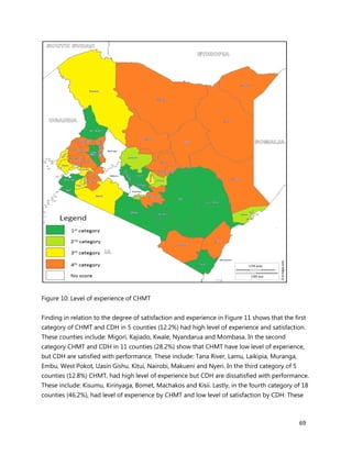 69
Figure 10: Level of experience of CHMT
Finding in relation to the degree of satisfaction and experience in Figure 11 shows that the first
category of CHMT and CDH in 5 counties (12.2%) had high level of experience and satisfaction.
These counties include: Migori, Kajiado, Kwale, Nyandarua and Mombasa. In the second
category CHMT and CDH in 11 counties (28.2%) show that CHMT have low level of experience,
but CDH are satisfied with performance. These include: Tana River, Lamu, Laikipia, Muranga,
Embu, West Pokot, Uasin Gishu, Kitui, Nairobi, Makueni and Nyeri. In the third category of 5
counties (12.8%) CHMT, had high level of experience but CDH are dissatisfied with performance.
These include: Kisumu, Kirinyaga, Bomet, Machakos and Kisii. Lastly, in the fourth category of 18
counties (46.2%), had level of experience by CHMT and low level of satisfaction by CDH. These
 