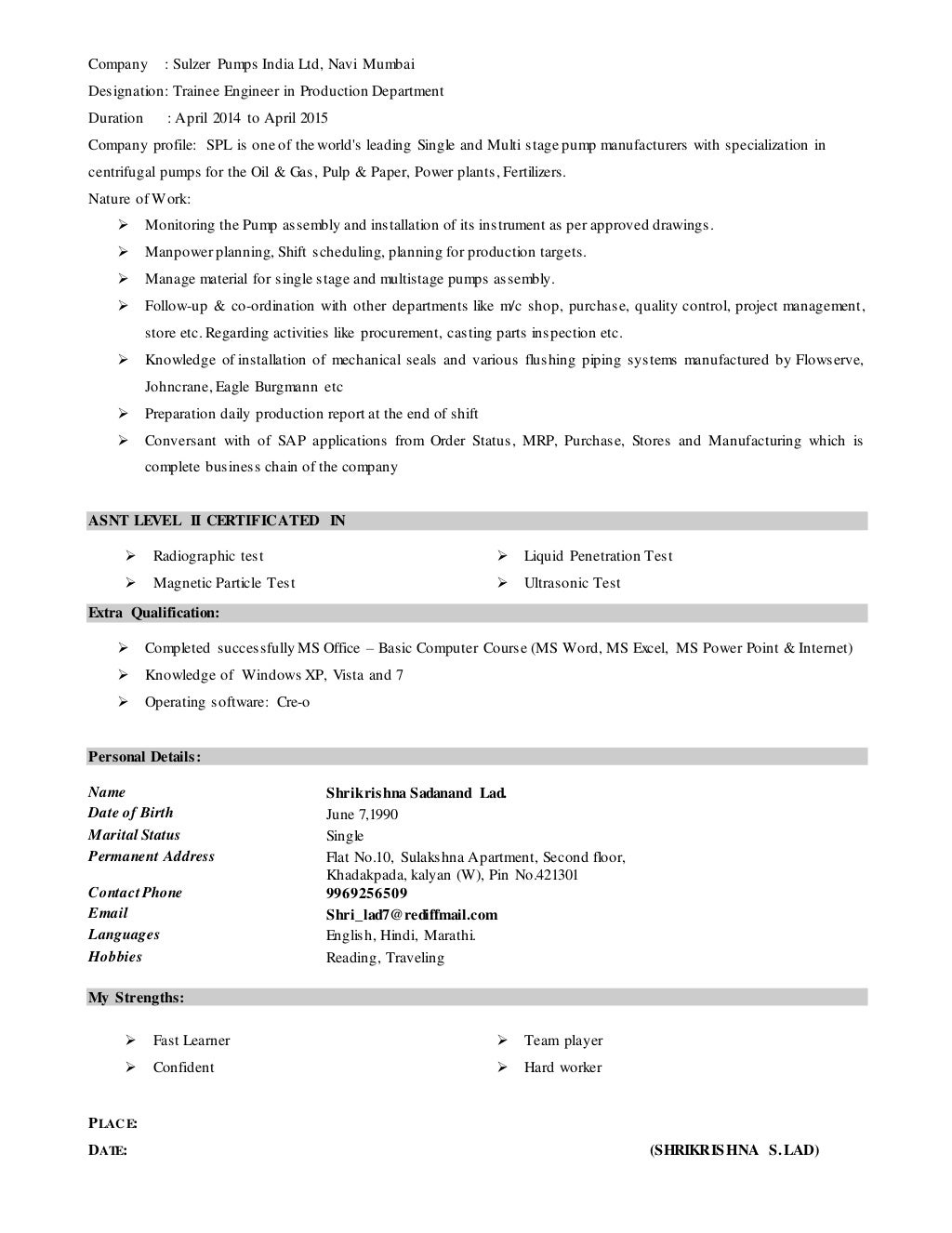 shri resume format download