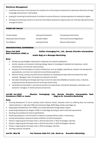 Workforce Management
• Imparting continuous on job training to the workforce for enhancing their productivity & operational efficiencies through
knowledge enhancement / skill building
• Leading & monitoring the performance of members to ensure efficiency in process operations & meeting the targets.
• Creating and sustaining a dynamic environment that fosters development opportunities and motivates high performance
amongst the teams
OTHER KEY SKILLS
Trends Analysis Liaising & Coordination Forecasting & Cost Control
Reporting & Documentation Complaint Mgmt. Techno-Commercial Negotiations
Due Diligence Leasing Activities Resource Optimization
ORGANISATIONAL EXPERIENCE
Since Feb 2016 Uniflex Packaging Pvt., Ltd., Baroda (Flexible Intermediate
Bulk Containers (FIBC) or
Jumbo Bag) as a Manager-Marketing,
Role:
• Develop pricing strategies, balancing firm objectives and customer satisfaction.
• Identify, develop, and evaluate marketing strategy, based on knowledge of establishment objectives, market
characteristics, and cost and markup factors.
• Evaluate the financial aspects of product development, such as budgets, expenditures, research and development
appropriations, and return-on-investment and profit-loss projections.
• Direct the hiring, training, and performance evaluations of marketing and sales staff and oversee their daily
activities , Managed a team of 6 people and reported to the M.D
• Use sales forecasting and strategic planning to ensure the sale and profitability of products, lines, or services,
analyzing business developments and monitoring market trends.
• Coordinate and participate in promotional activities and trade shows, working with developers, advertisers, and
production managers, to market products and services.
Jun’08:- Jan 2016 Shankar Packagings Ltd., Baroda (Flexible Intermediate Bulk
Containers (FIBC) or Jumbo Bag) as Sr. Executive-Marketing
Role:
• Ensuring development of new & existing market (national market, Corporate client) by collecting data and checking
market potential i.e. high value FIBCs like Conductive Bags, Baffle Bags, Double Layer Bags, etc.
• Polypropylene Multifilament Yarn (PPMF Yarn) & Shed Net Sales through Dealer network
• Supervising development & designs of FIBC or Jumbo Bags according to client’s technical requirements
• Devising price quotations & product specifications
• Rendering assistance in the formulation of systems to develop efficient sales / market setup
• Actively participating in product promotion exhibitions of technical products
• Piovtal in organizing like Chemspec India in 2013 & India Chem in 2012 at Goregaon, Mumbai
• Piovtal in organizing like Chemspec India in 2014 & India Chem in 2014 at Goregaon, Mumbai
• Piovtal in organizing like Chemspec India in 2015 at Goregaon, Mumbai.
• Handling customer complaints
Jun’06 –May’08 You Telecom India Pvt. Ltd., Surat as Executive Marketing
 